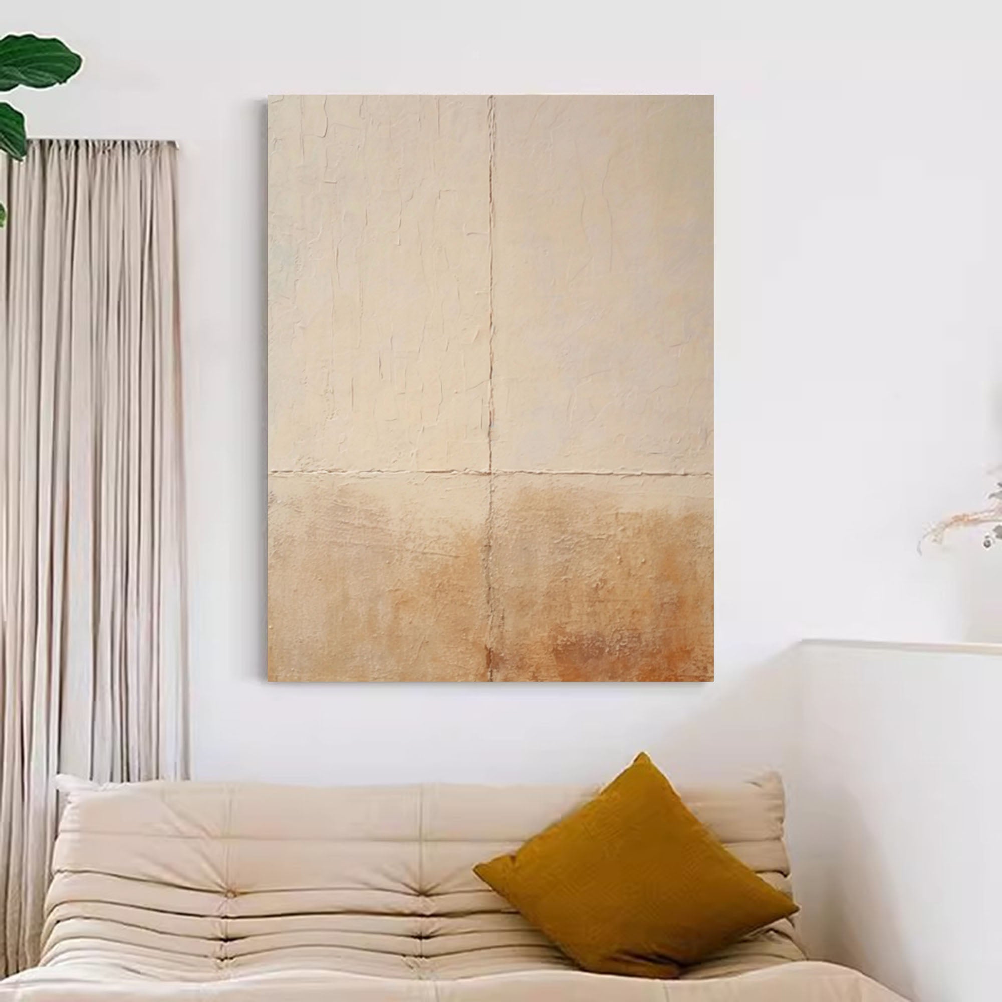 Original Beige and Yellow Minimalist Oil Painting Abstract Large Vintage Wall Art Home Decor