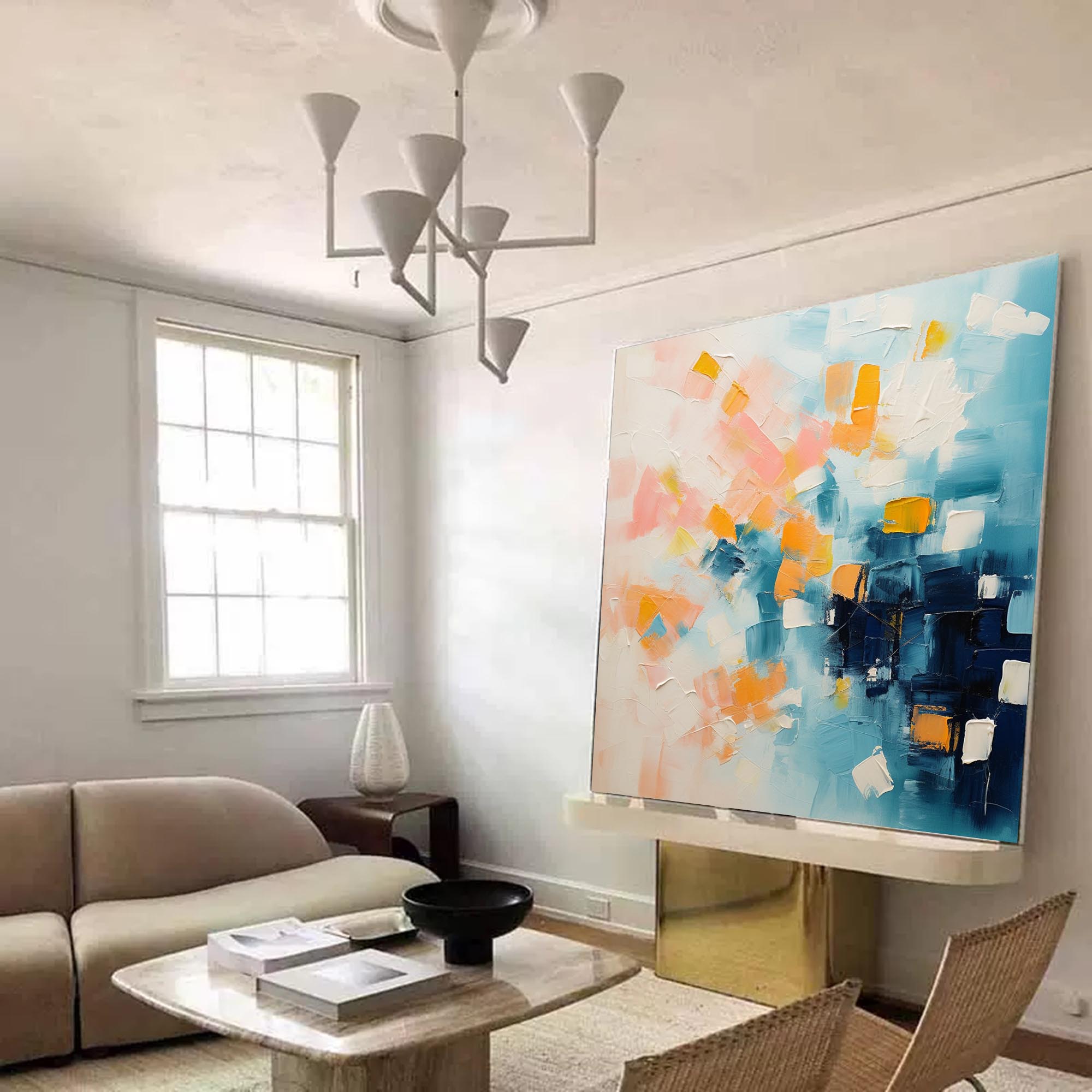 Modern Wall Art Large Abstract Oil Painting On Canvas Original Blue And Yellow Acrylic Painting Home Decor