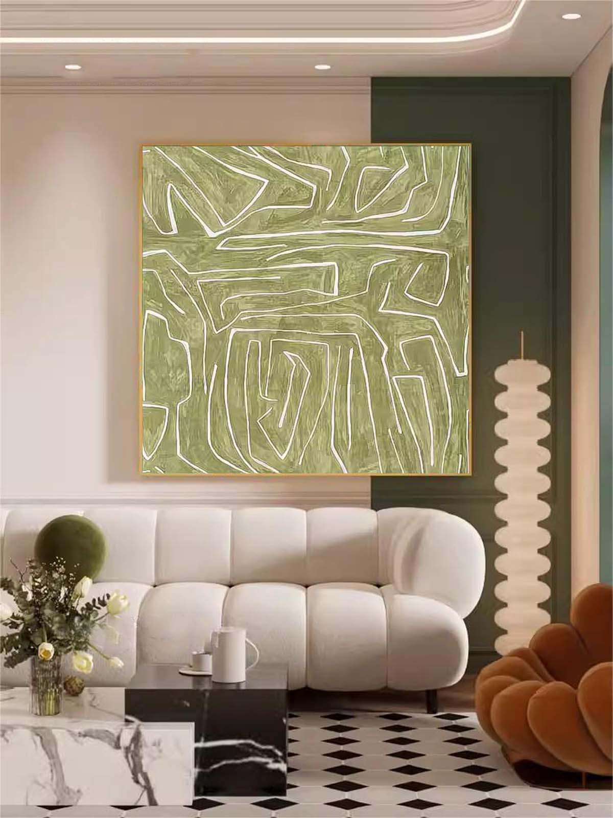 Modern Minimalist Line Canvas Painting Acrylic Large Green Abstract Wall Art Framed For Living Room