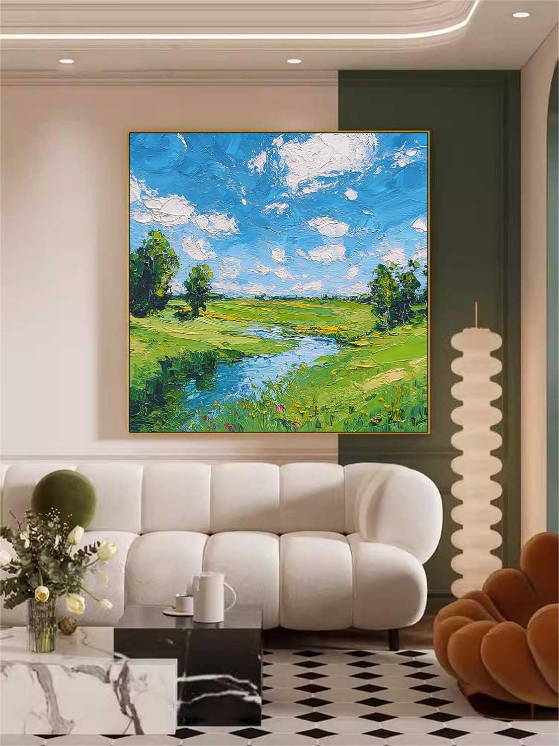 Large Texture Scenery Wall Art Framed Abstract Fields And Rvers Landscape Oil Painting Rural Warmth Artwork