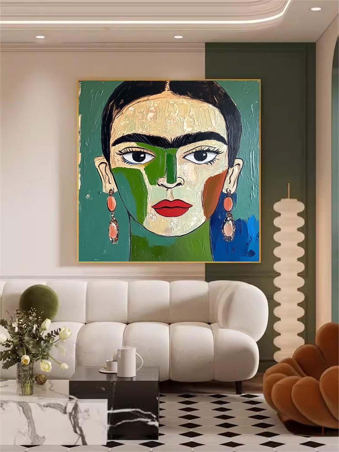 Origina Figure Acrylic Painting Canvas Green Face Abstract Wall Art Square Large Portrait Artwork