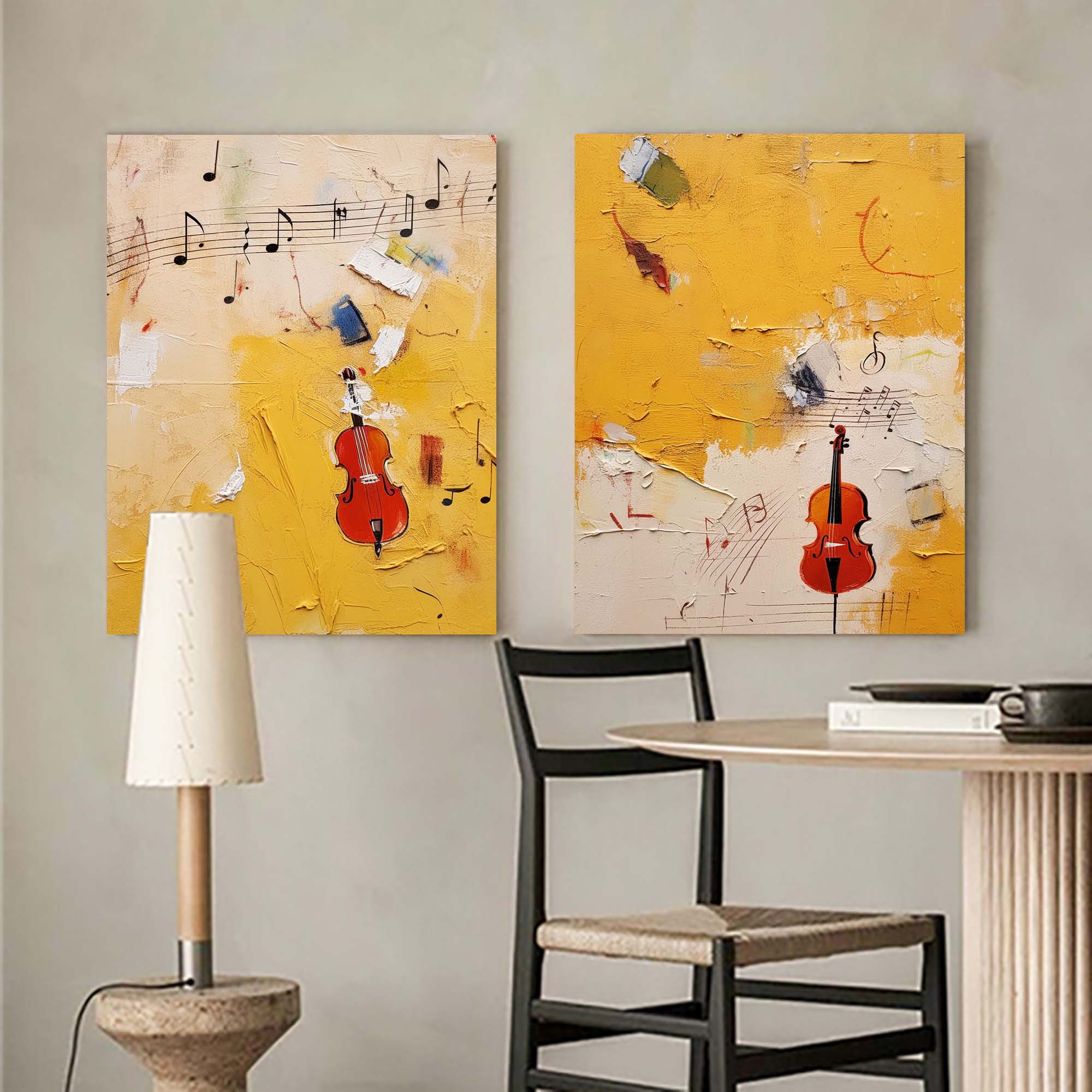 Set of 2 Bright Yellow Abstract Graffiti Oil Painting Modern Wall Art Large Original Acrylic Painting Living Room Decor