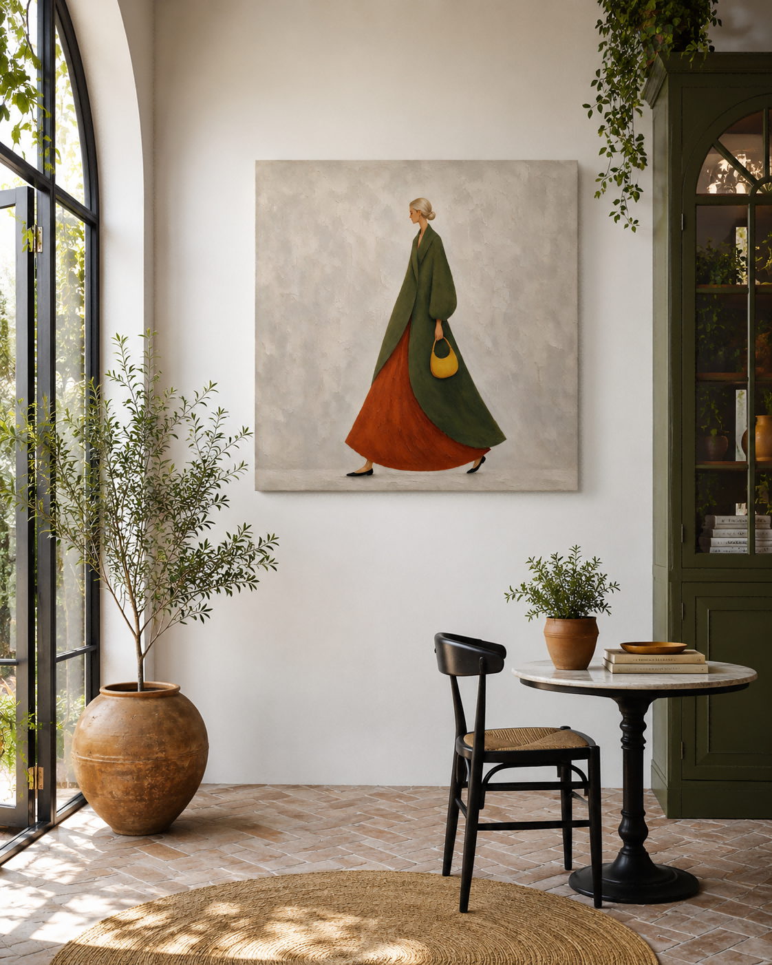 Hand-Painted Woman In Green Coat And Rust Skirt Canvas Art For Modern Home
