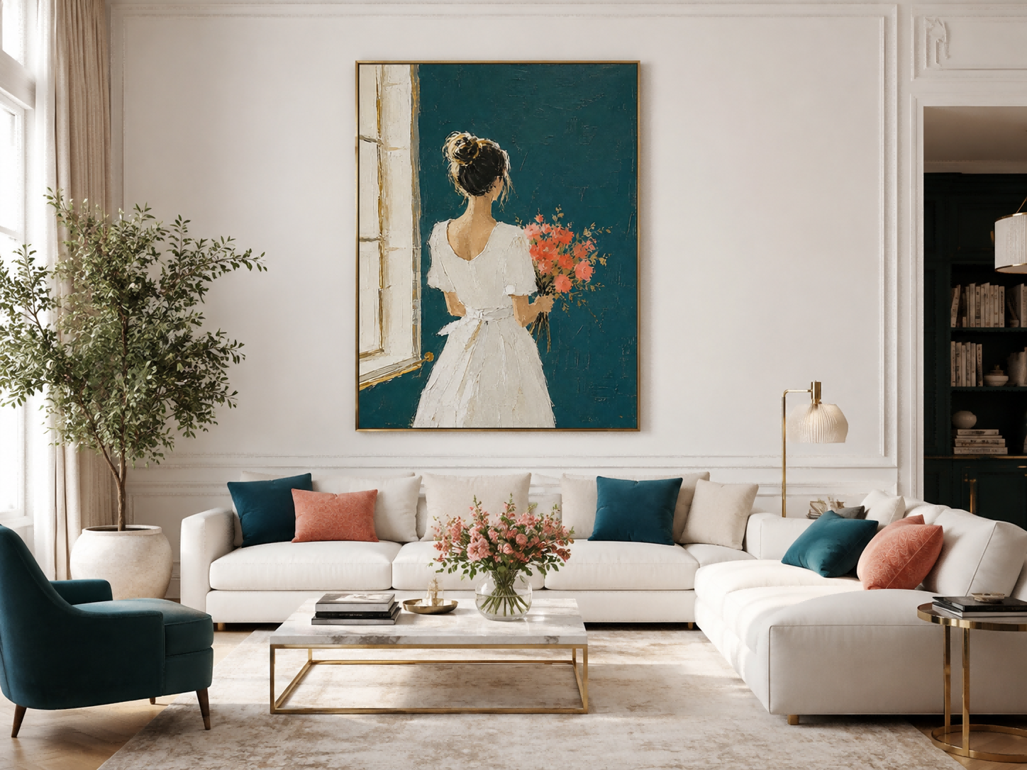 Elegant Minimalist Lady Painting With Flowers In White Dress For Modern Living Room Decor