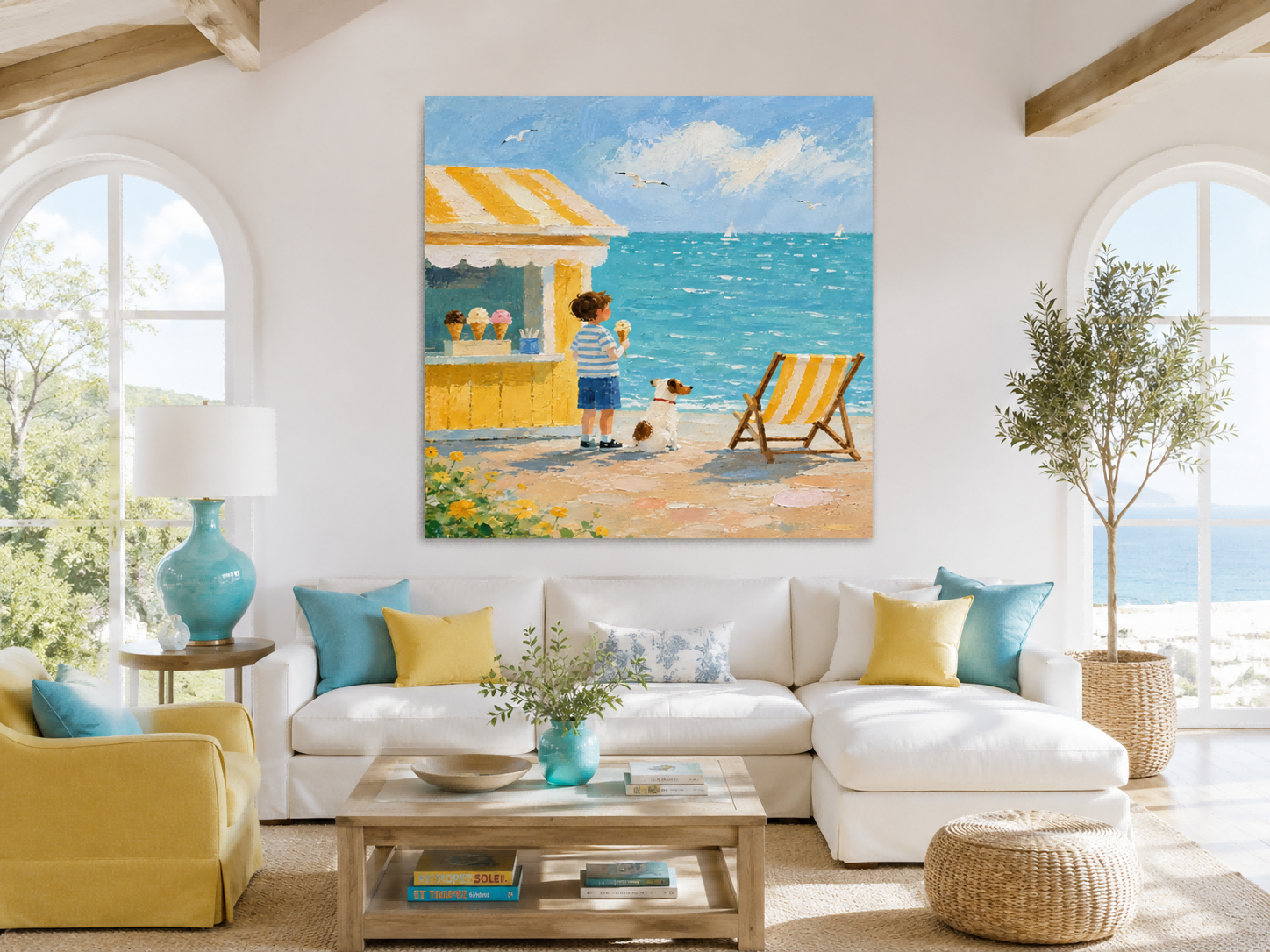 Cheerful Beach Scene Canvas Painting For Coastal Living Room Decor