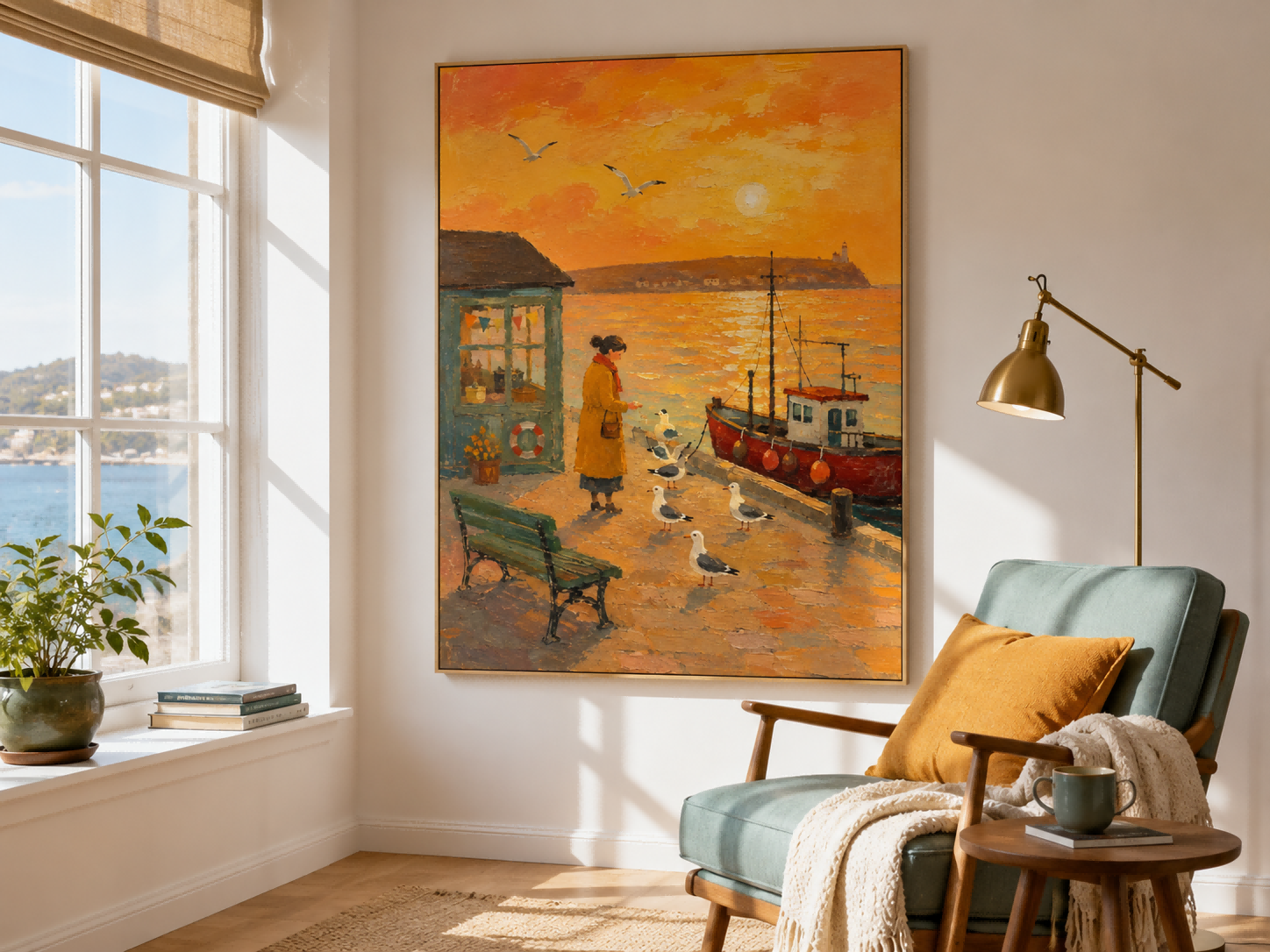 Impressionist Style Seascape Painting With Expressive Orange Tones
