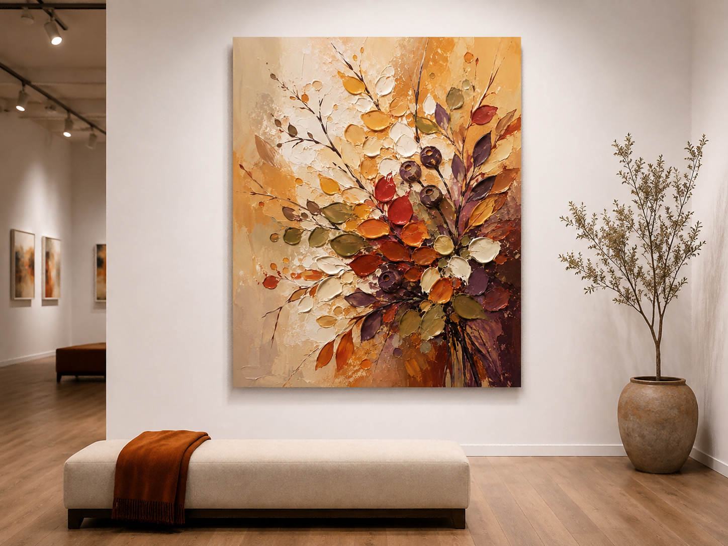 Abstract Floral Canvas Painting With Gold And Beige Tones Vintage Inspired Abstract Art With Heavy Impasto Texture