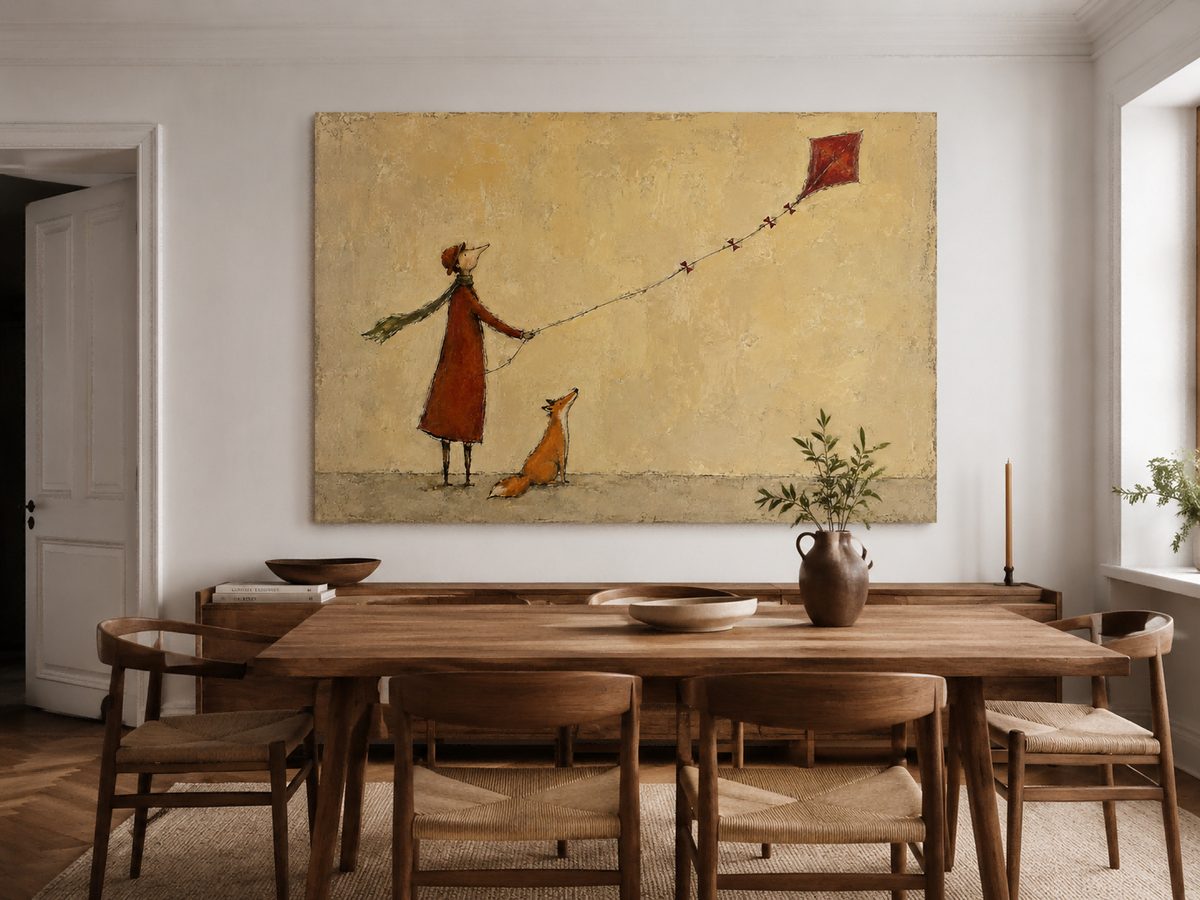 Hand-Painted Fox And Person With Red Kite Canvas Art For Home