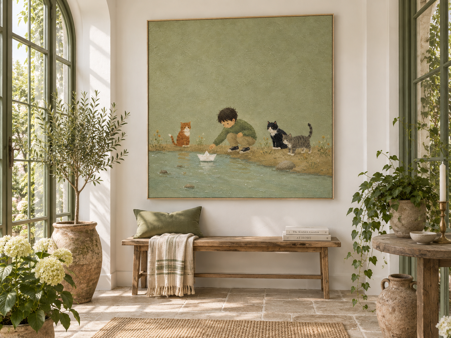 Whimsical Nursery Wall Art With Boy And Cats For Kids Room Modern Abstract Storytelling Canvas Painting With Textured Green