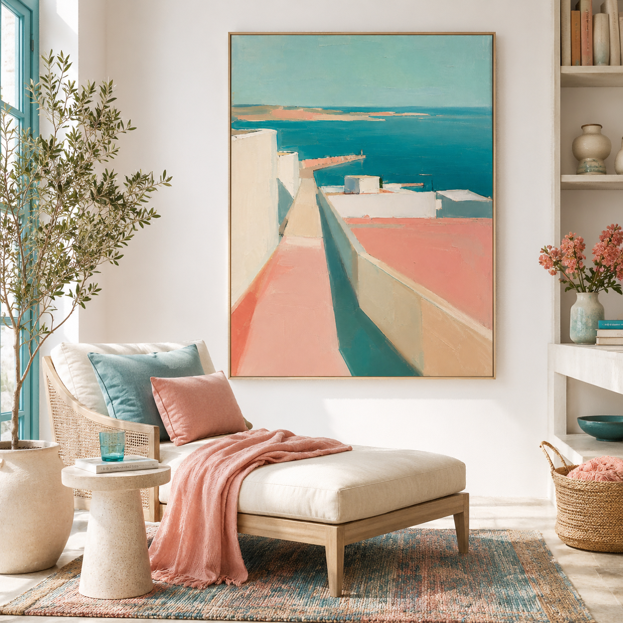 Abstract Coastal Architecture Art With White Buildings And Turquoise Sea Vertical Canvas