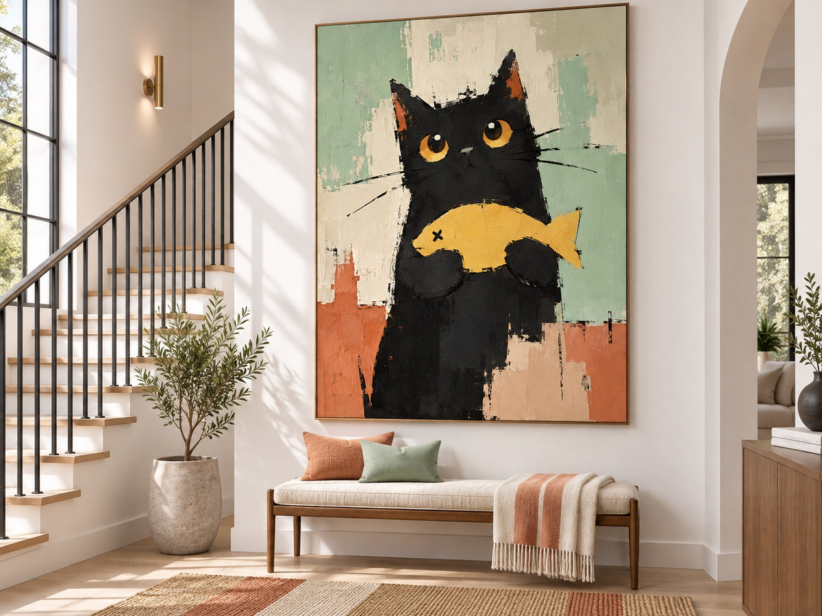 Minimalist Textured Cat Portrait Oil Painting Modern Abstract Home Decor
