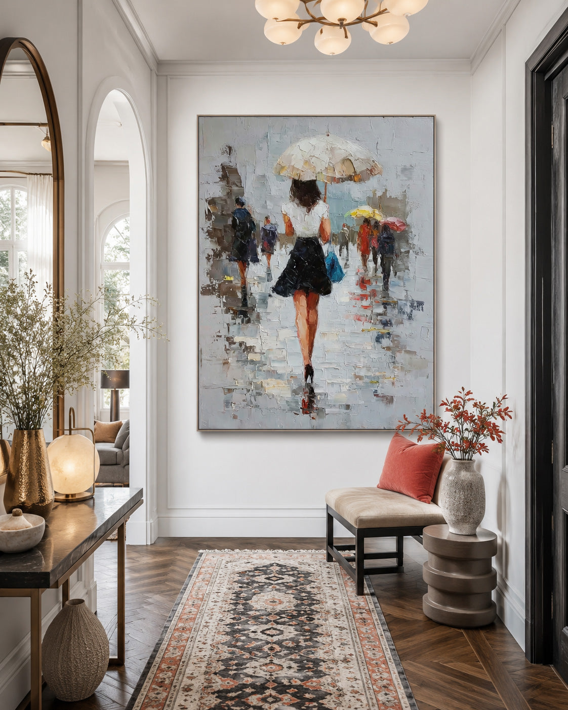 Atmospheric Impressionist Oil Painting Of Woman With Umbrella In City Rain