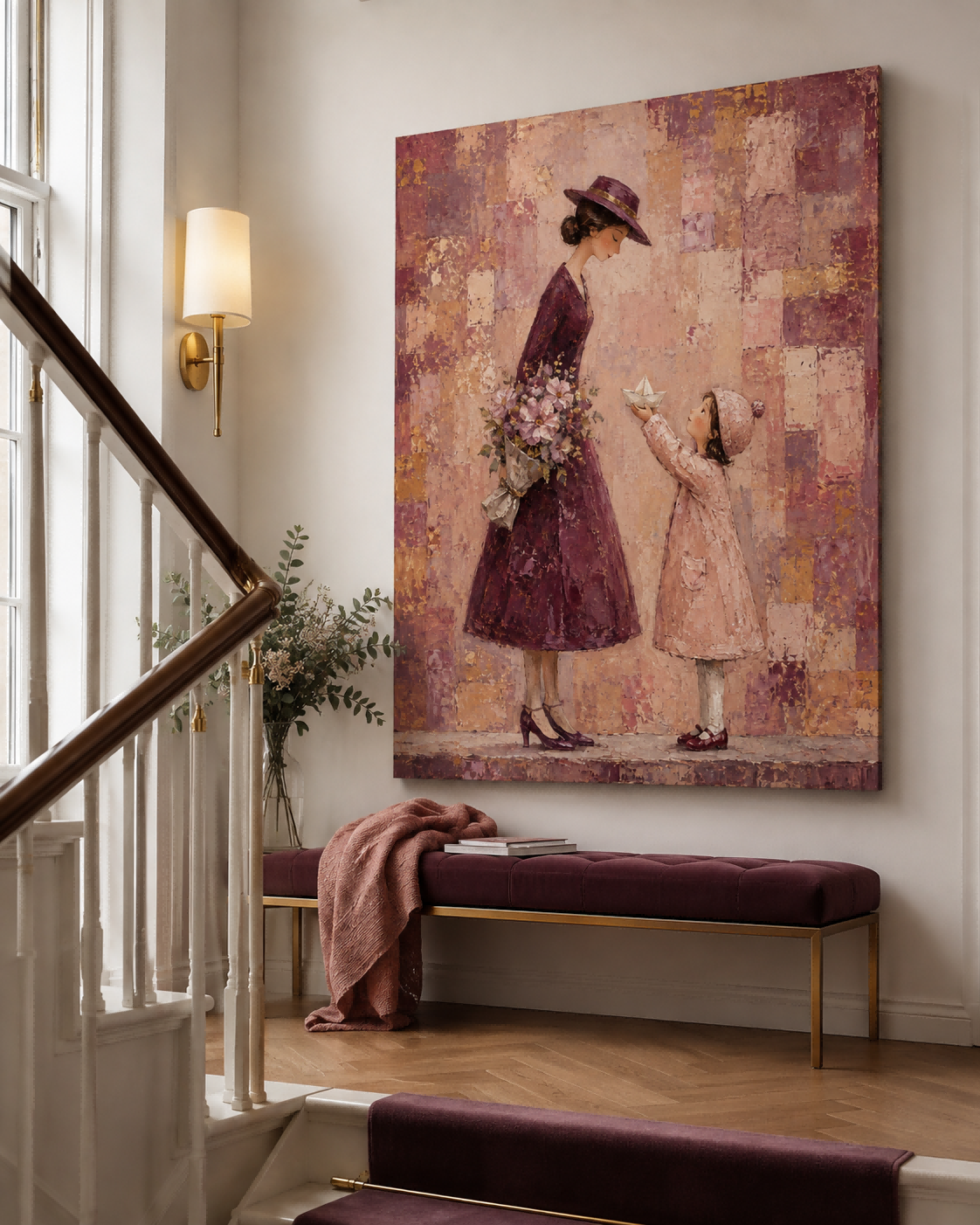 Abstract Modern Illustration Of Motherhood In Purple Textured Canvas Wall Art