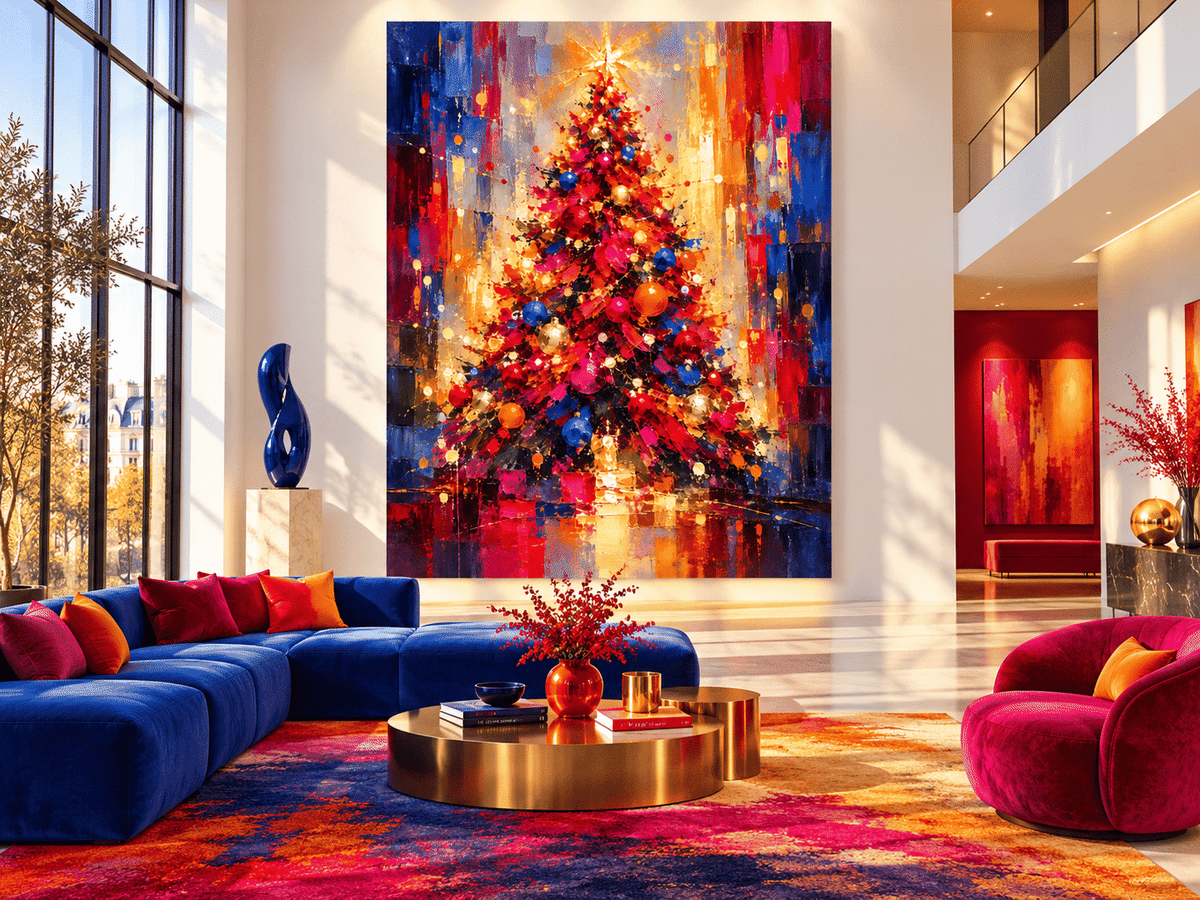 Expressionist Abstract Christmas Tree Canvas Painting With Gold And Red Ornaments For Holiday Decor