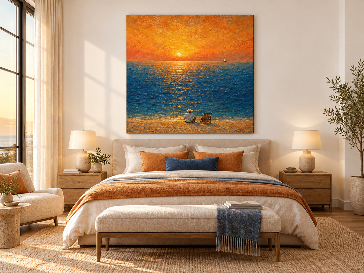 Modern Impressionist Textured Ocean Sunset Art With Golden Glow