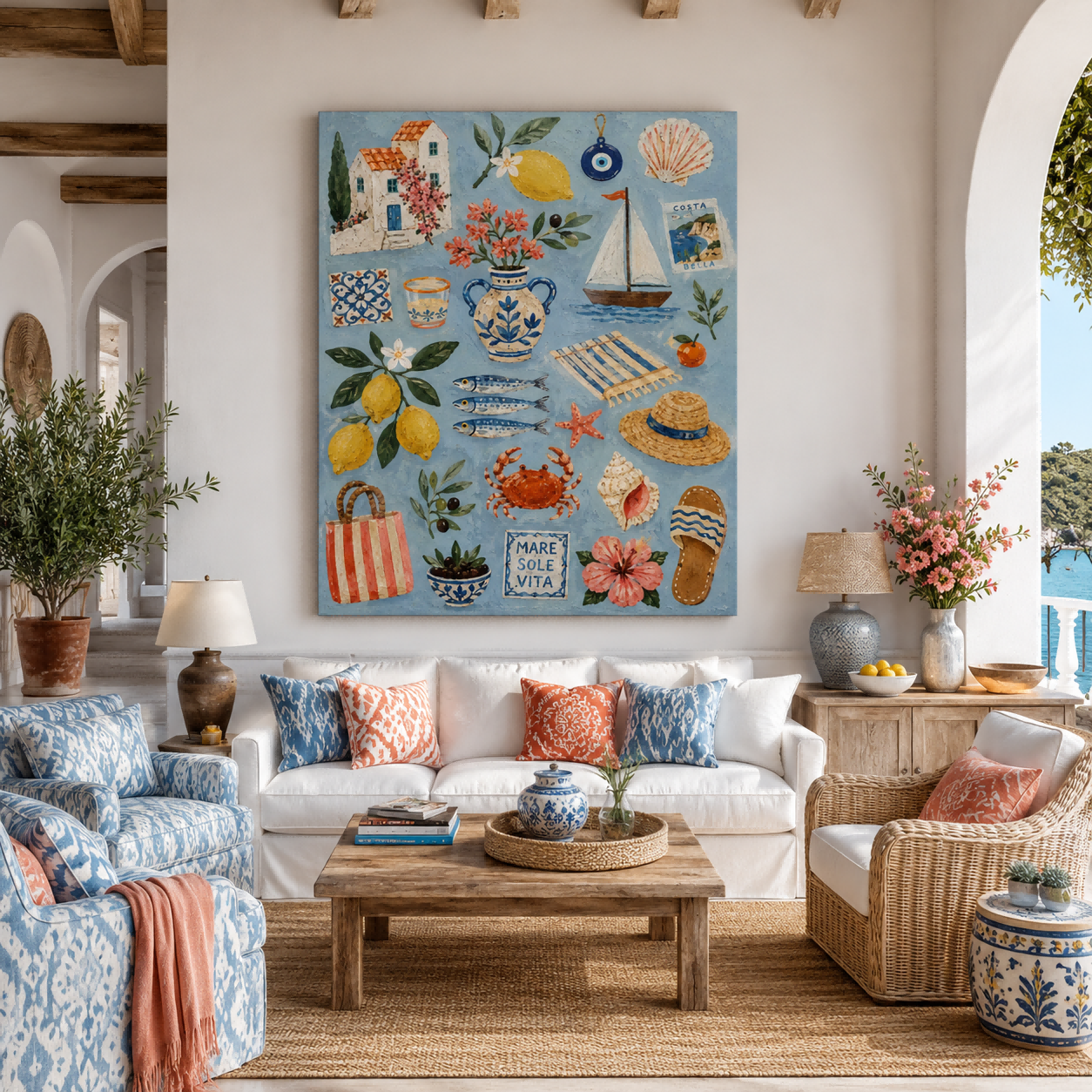 Mediterranean Bohemian Square Canvas Art With Lemons And Sea Life For Bright Living Room