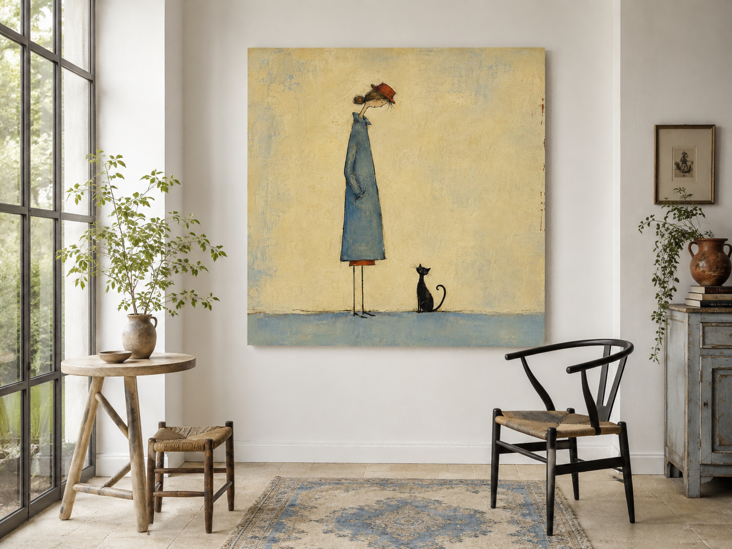 Minimalist Illustration Art Print Featuring Girl And Cat Companion
