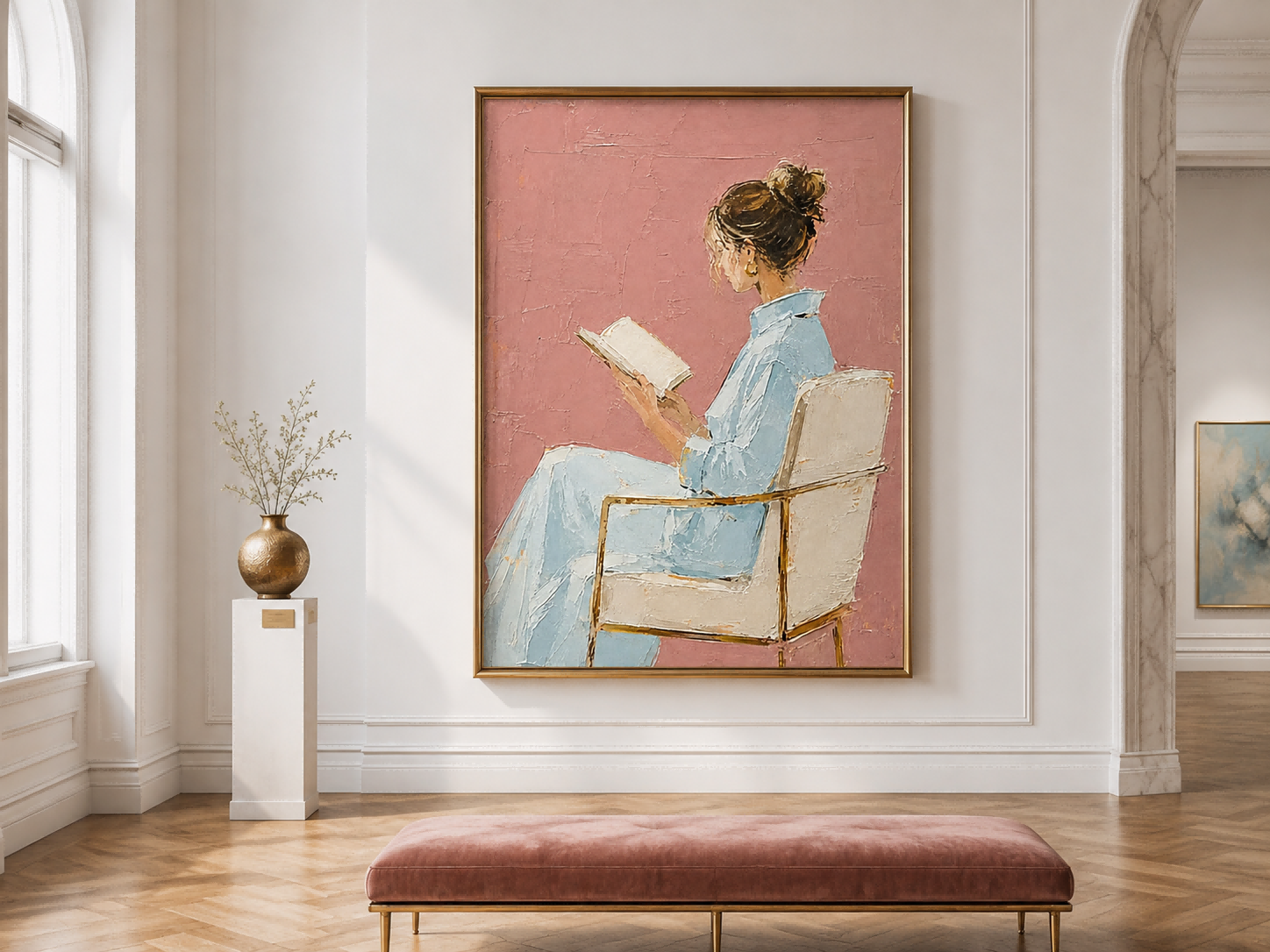 Modern Minimalist Oil Painting Of Lady Reading In Blue Dress With Pink Background