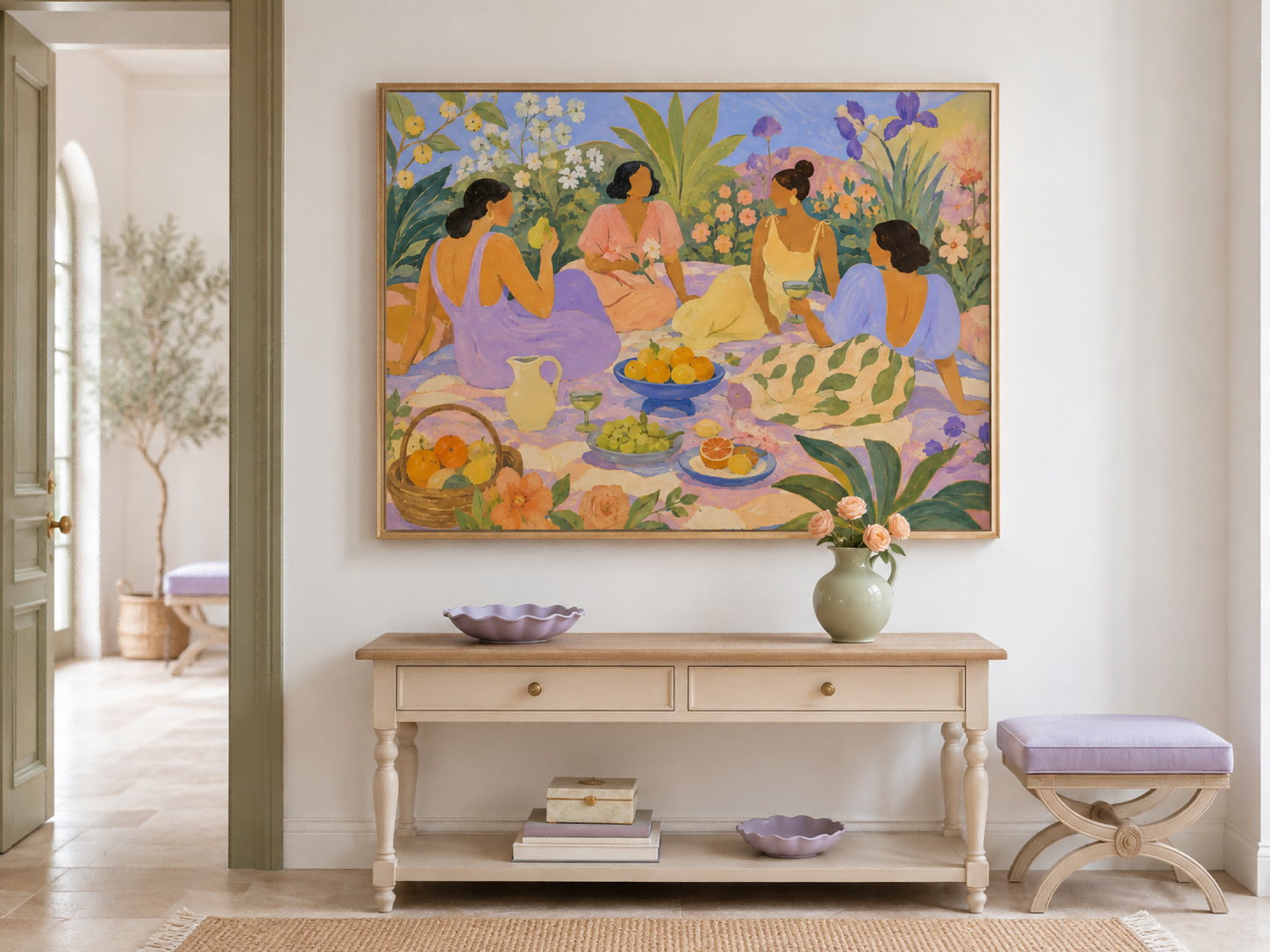 Women Picnic In Fantasy Garden Art Deco Canvas Painting With Fruit And Flowers