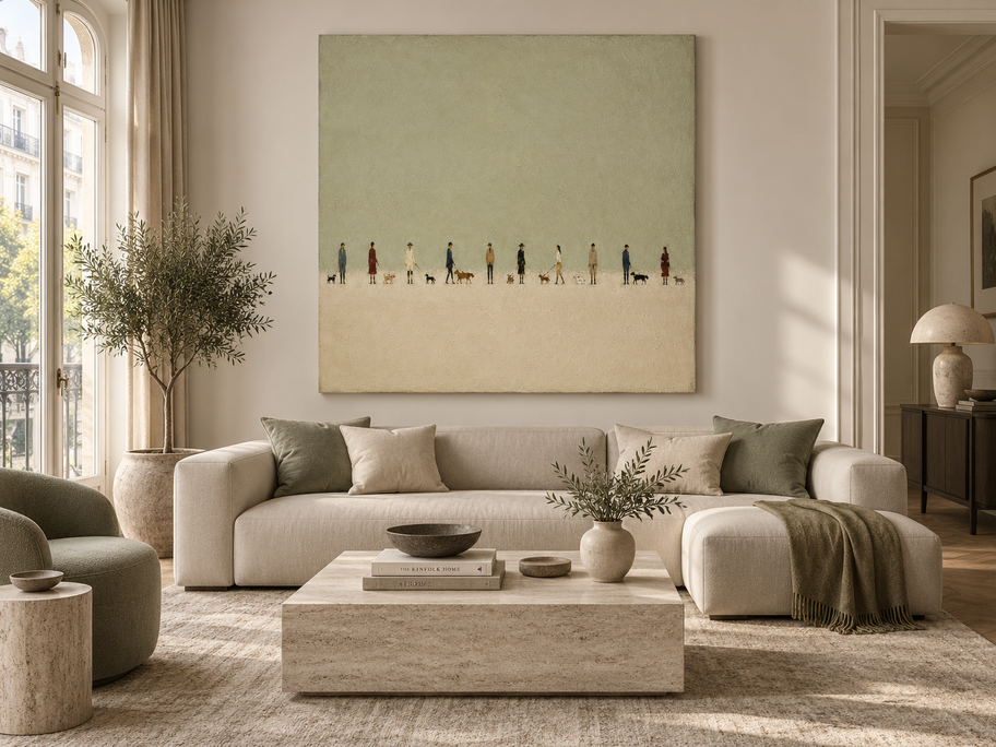 Textured Abstract Figure Painting With Urban Dog Walking Theme
