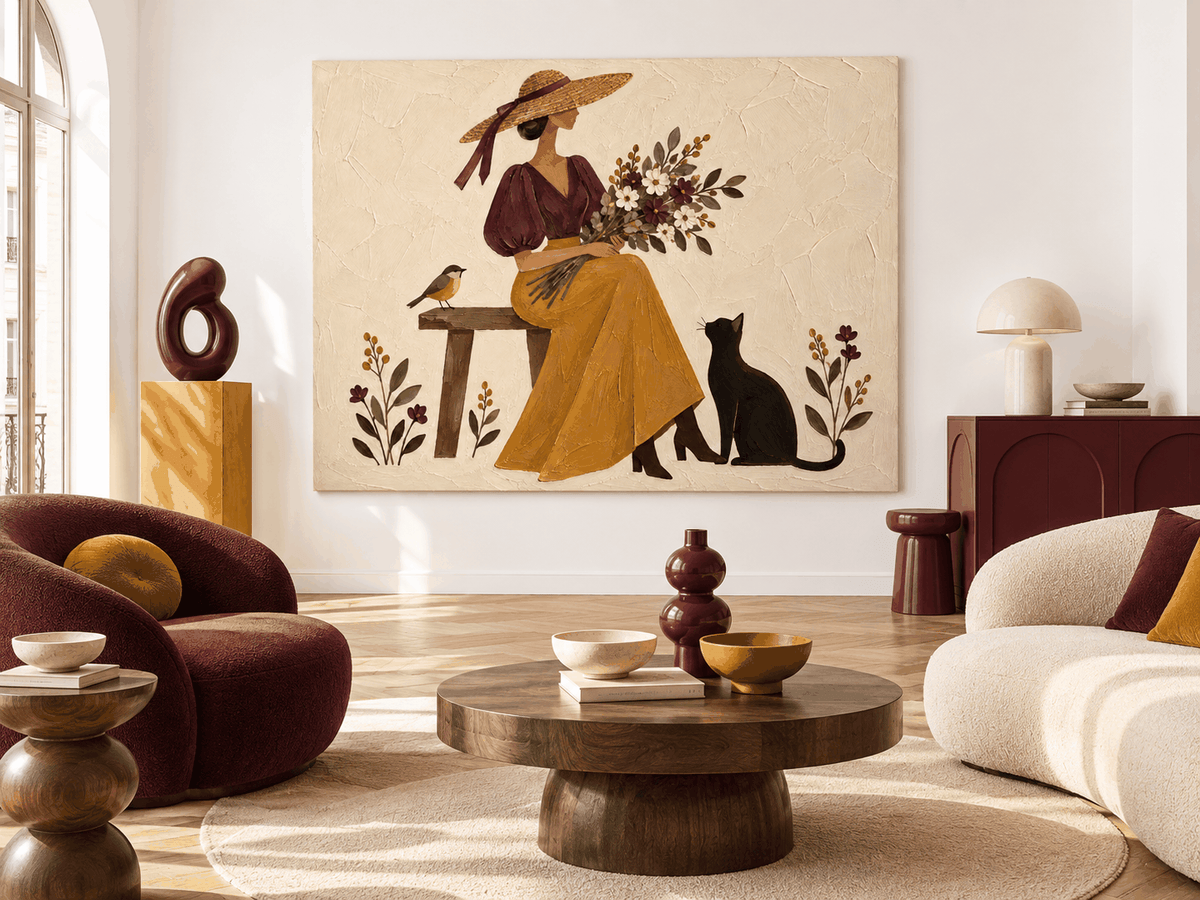 Lady With Flowers And Cat Hand-Painted Canvas Wall Art In Vintage Style