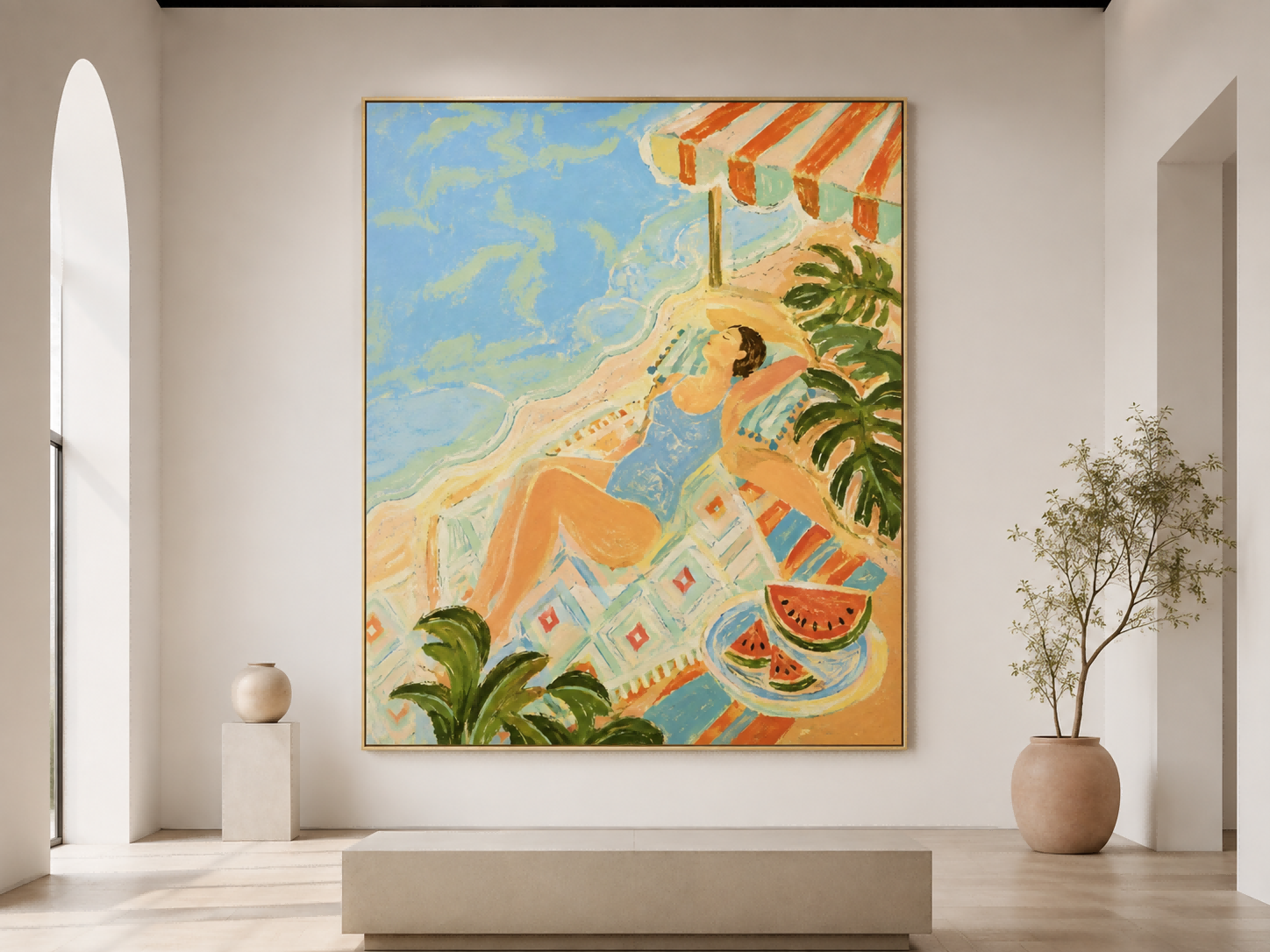 Dreamy Art Deco Style Painting With Ocean And Tropical Elements