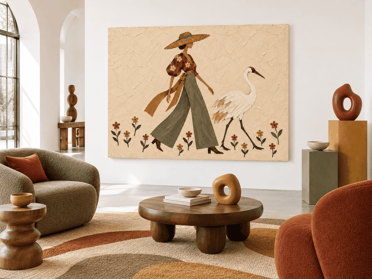 Modern Vintage Textured Canvas Painting Abstract Nature Theme Art Woman And Crane Hand-Painted Art
