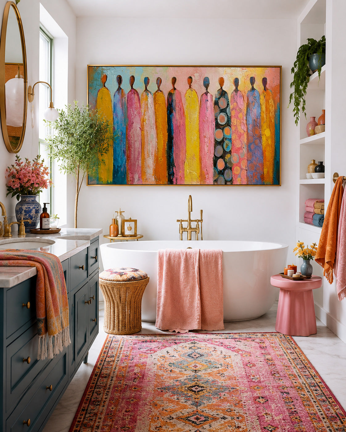 Vibrant Multi Color Figure Artwork Hand Painted Oil For Lounge And Hallway