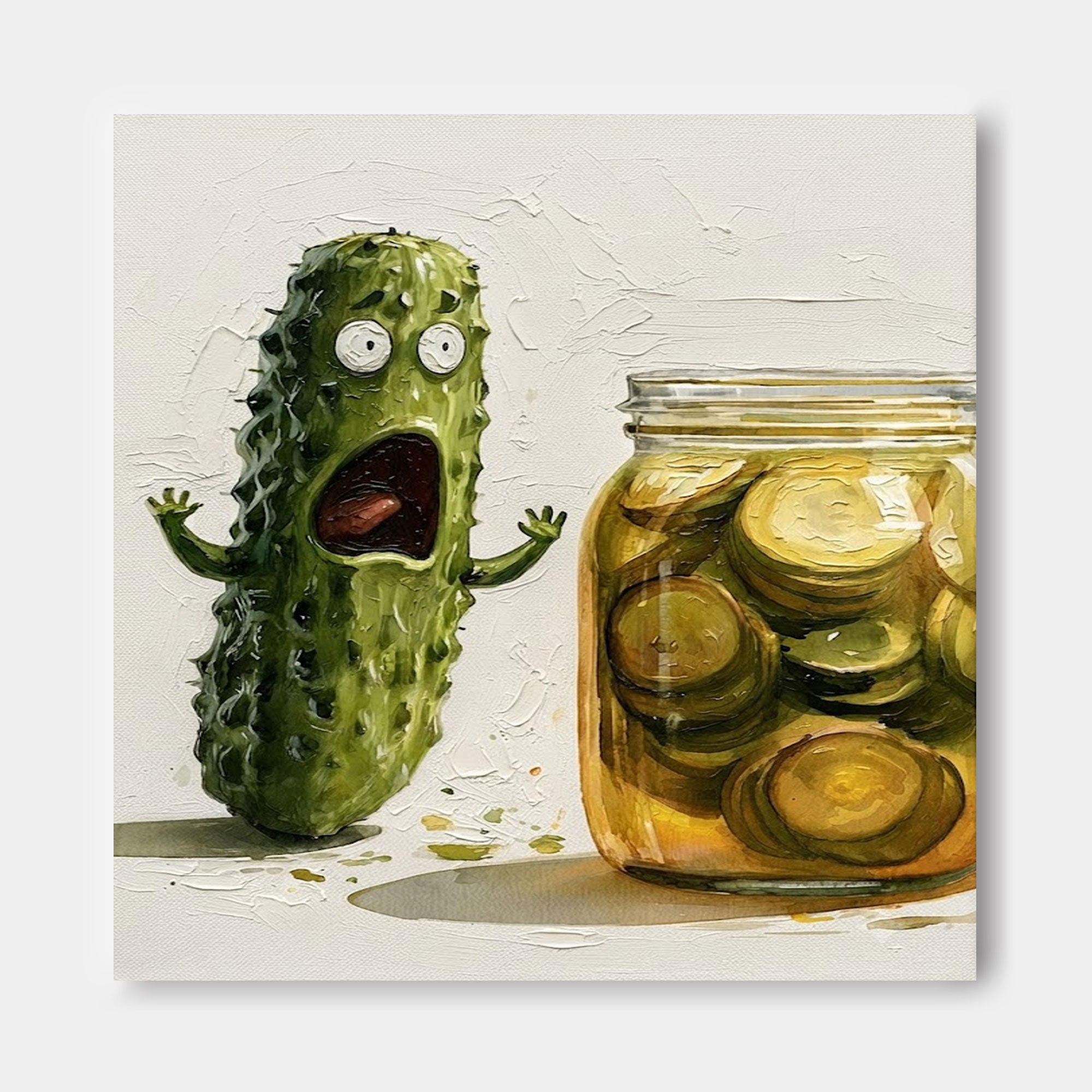 Anthropomorphic Food Art Canvas Print Featuring Scared Cucumber Character
