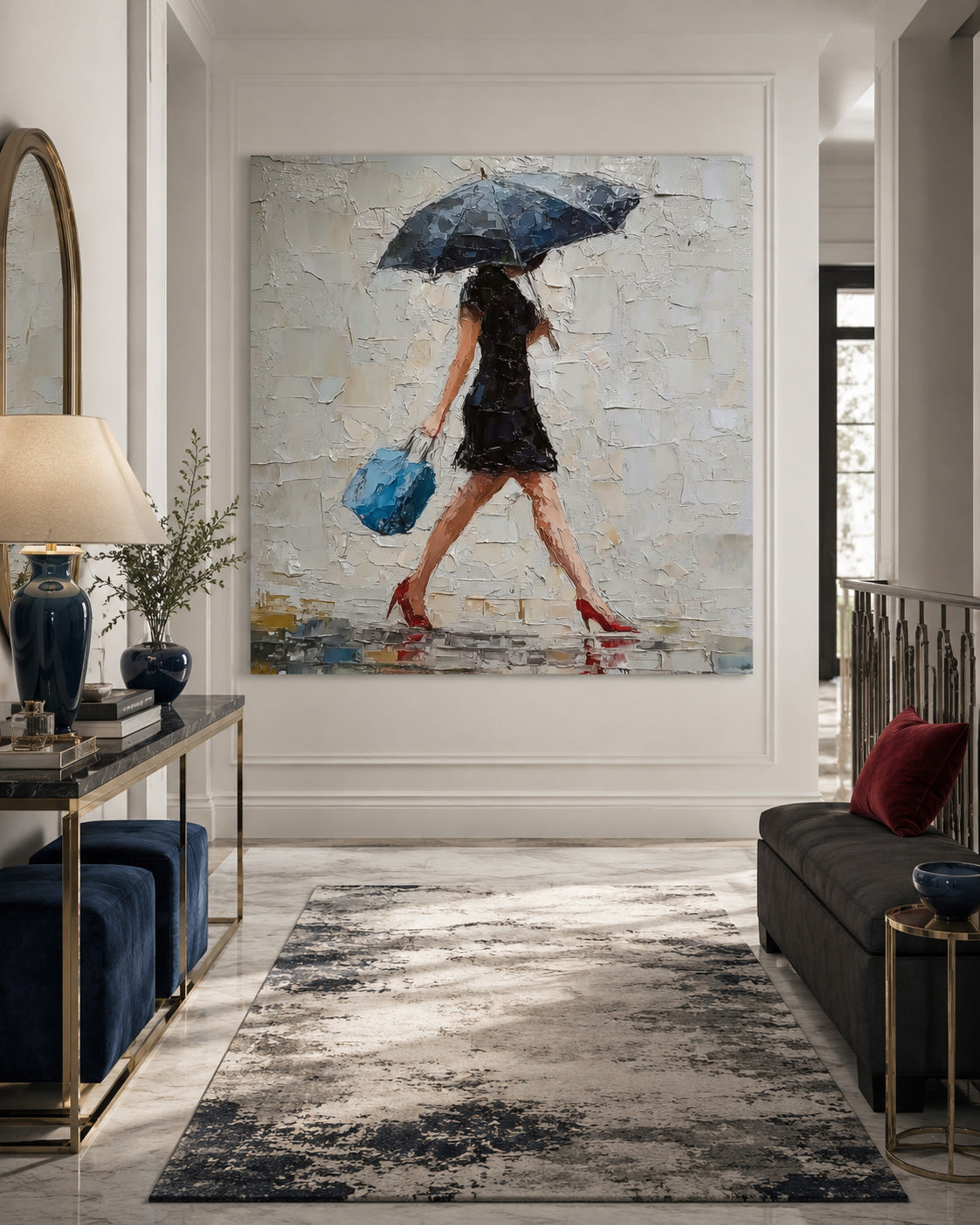 Rainy Day Romance Abstract Figure Painting Red Heels And Blue Bag Square Wall Art