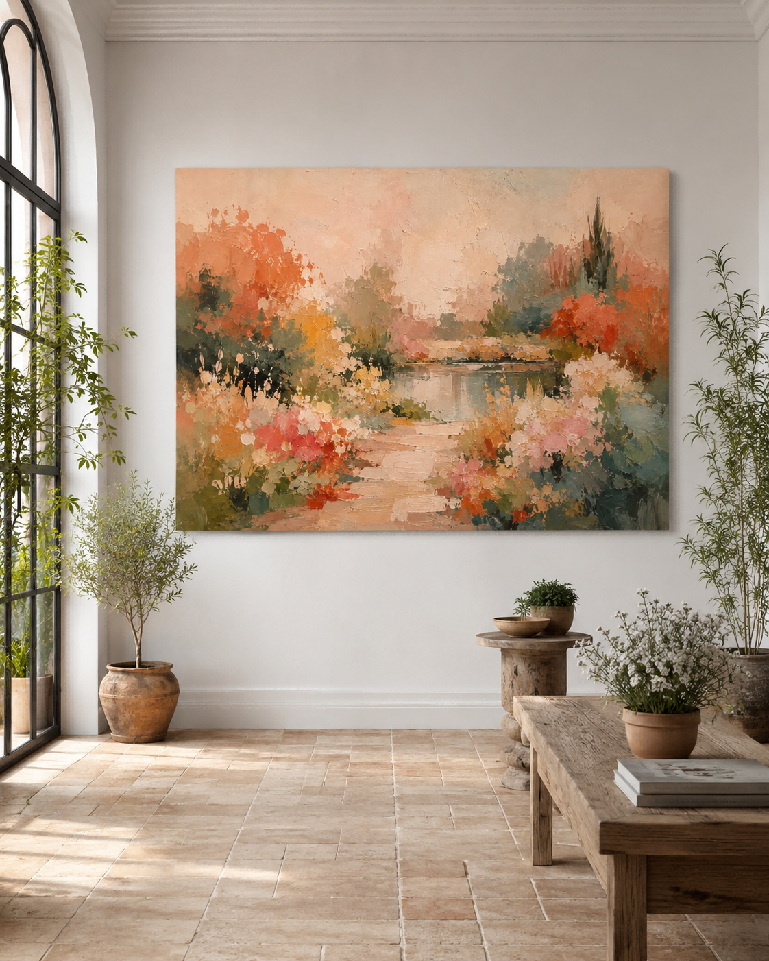 Autumn Garden Path Hand-Painted Canvas Art With Warm Orange Tones