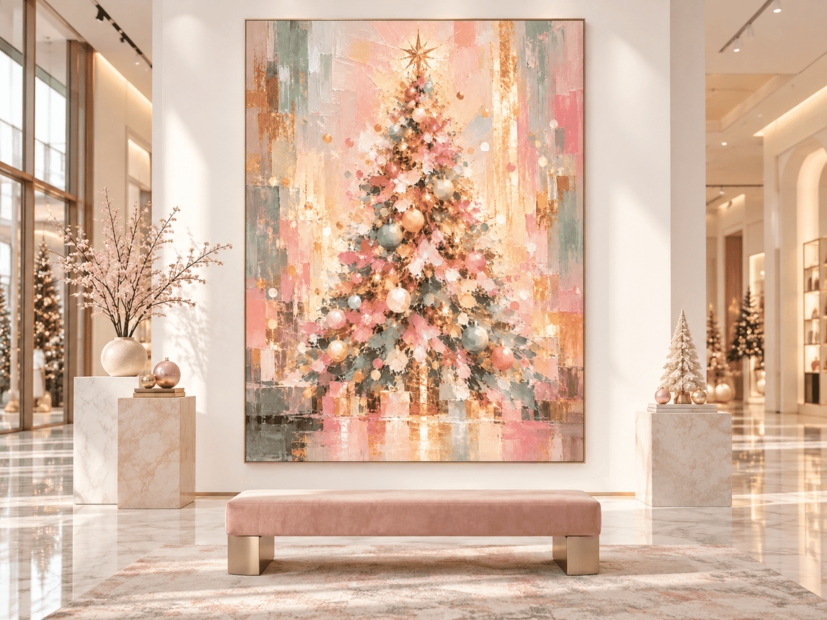 Hand-Painted Abstract Christmas Tree Canvas Art In Pink And Gold Modern Vintage Abstract Painting