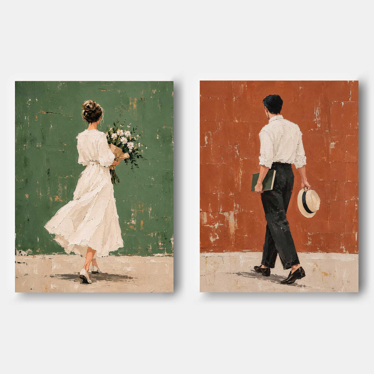 Vintage Couple Walking Hand-Painted Canvas Art Set Green Red Wall