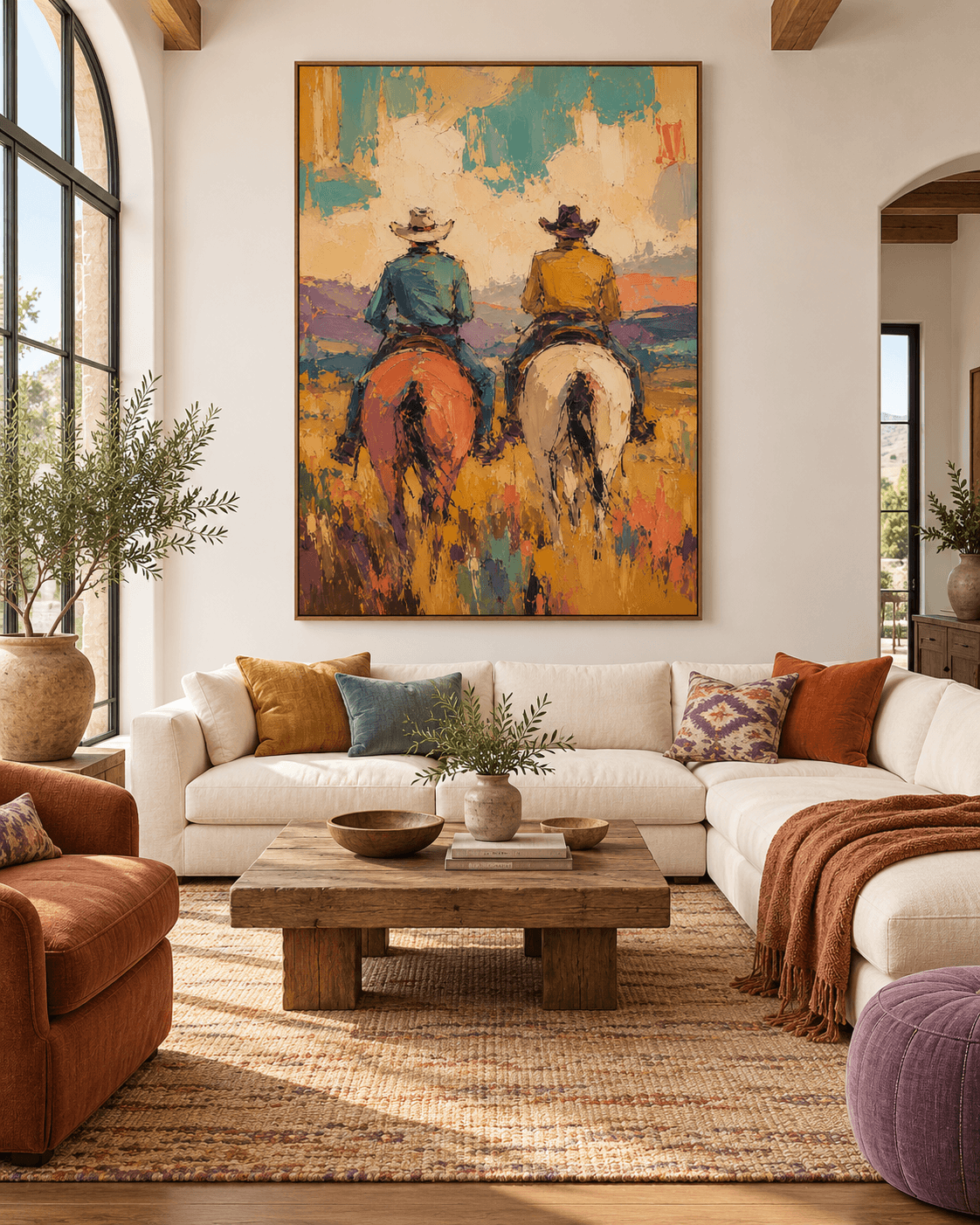 Cowboy And Horse Canvas Painting Hand-Painted Western Art With Warm Tones