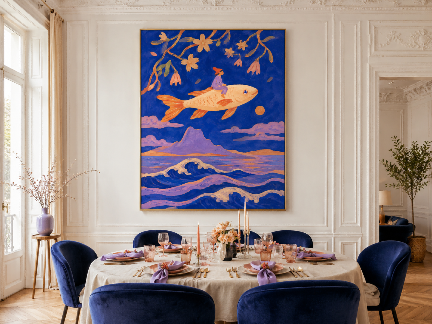 Art Deco Style Canvas Painting With Surreal Ocean Theme