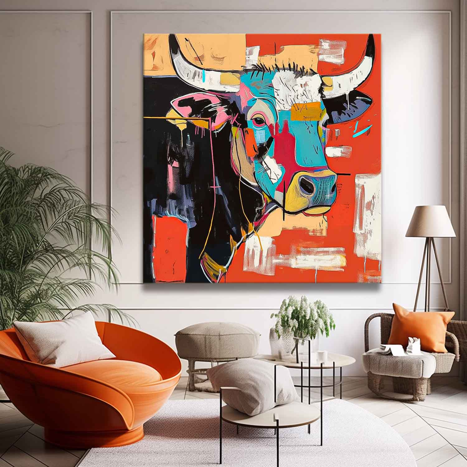 Square Ox Oil Painting Canvas Original Lovely Cow Wall Art Large Colorful Animal Artwork Home Decor