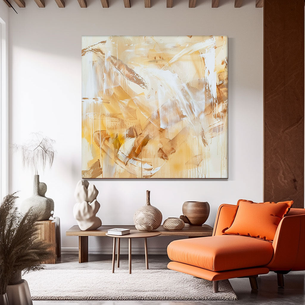 Bright Yellow Oil Painting Square Texture Abstract Acrylic Painting On Canvas Oversize Wall Art Home Decor