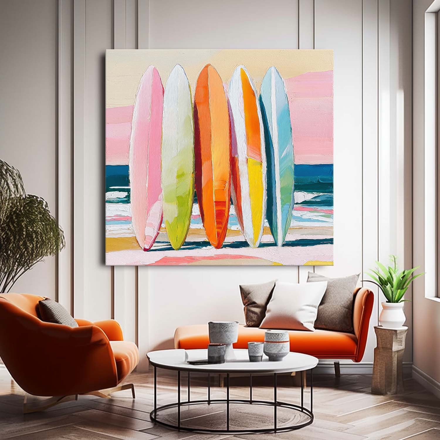 Abstract Beach Surfboard Scenery Oil Painting Framed Seaside Landscape Artwork Large Wall Art Home Decor