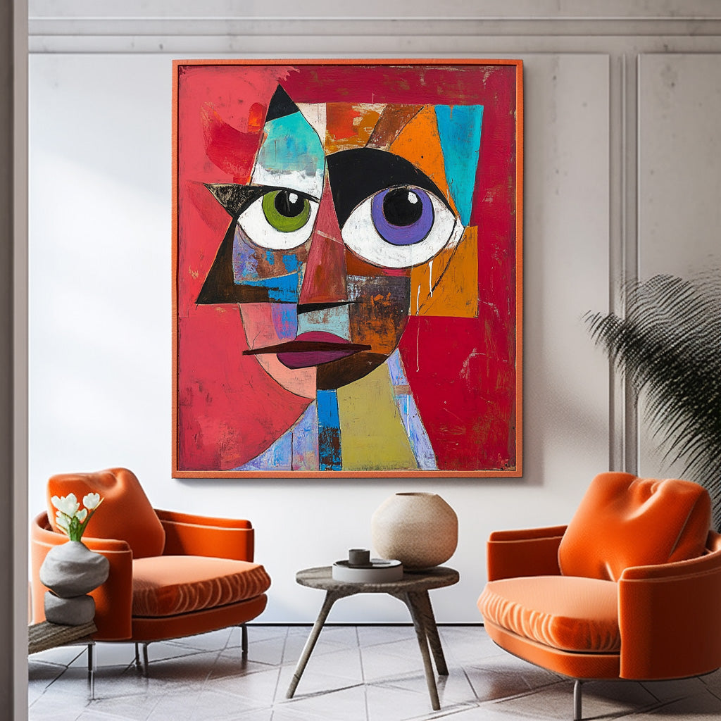 Original Bold Bright Red Artwork Expressive Abstract Faces Painting Modern Facial Wall Art Home Decor