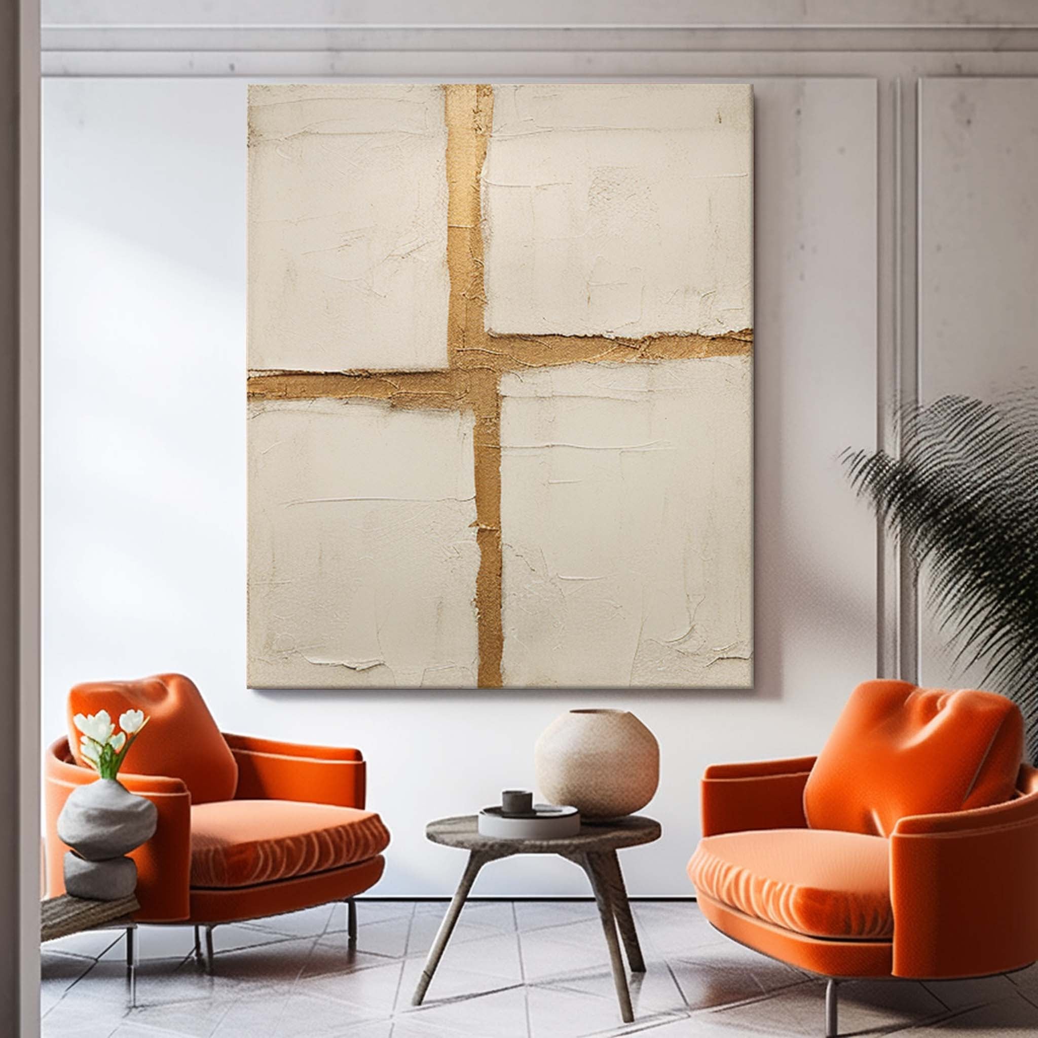 Beige Large Original Abstract Oil Painting On Canvas Modern Gold Cross Texture Wall Art Home Decor