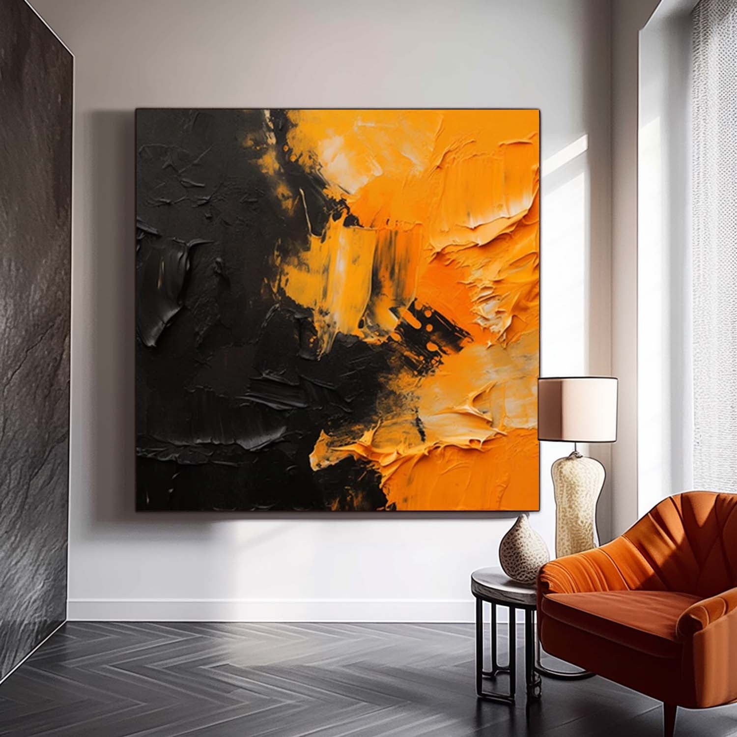 Yellow And Black Large Texture Abstract Wall Art Contemporary Abstract Oil Painting Canvas Framed Home Decor