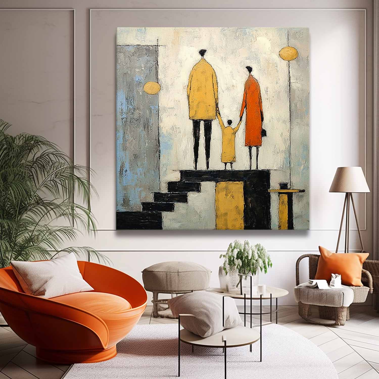 Square Original Neutral Background Oil Painting Minimalist Family Wall Art Modern City Silhouette Home Decor