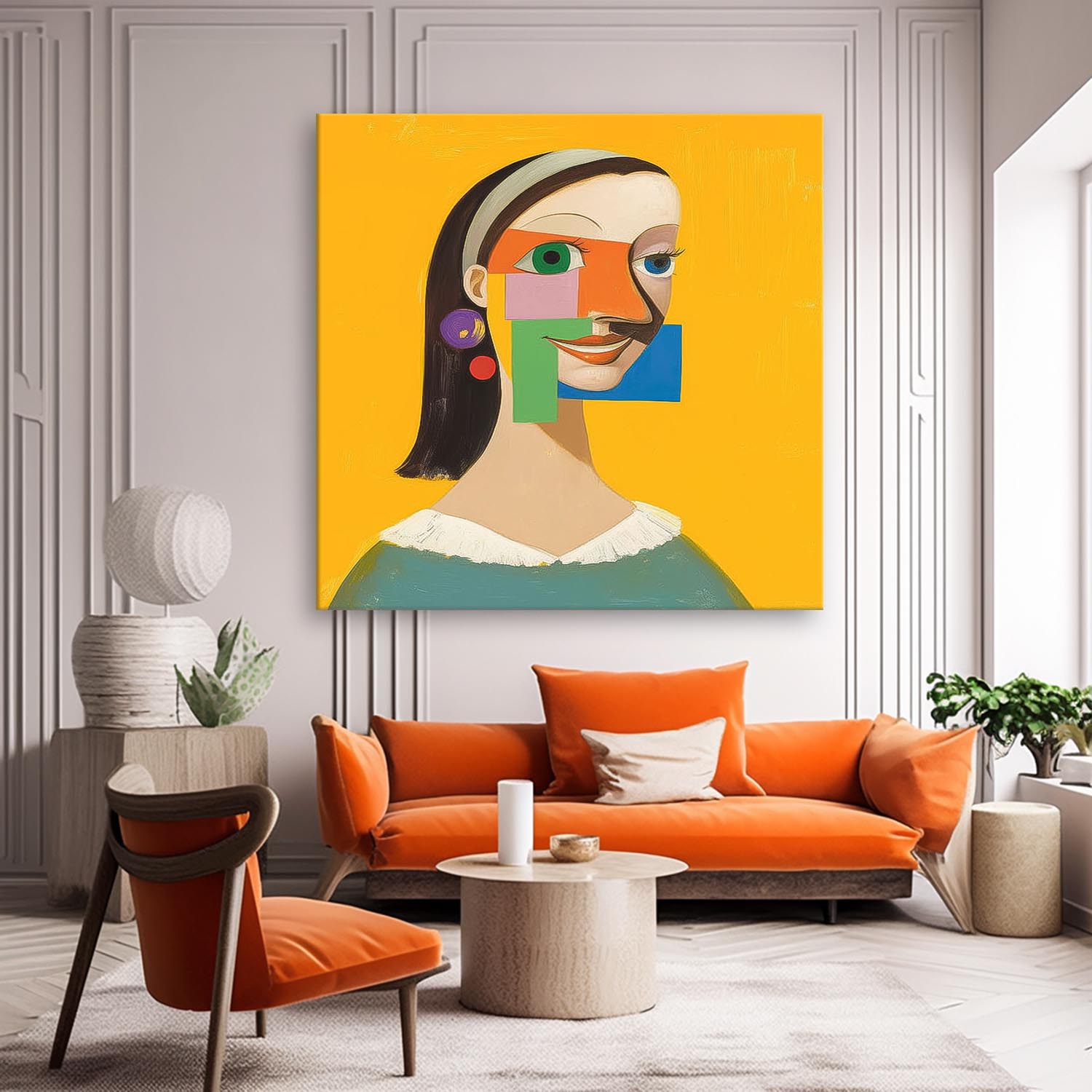 Origina Woman Acrylic Painting Canvas Abstract Geometric Face Lady Wall Art Square Large Girl Artwork