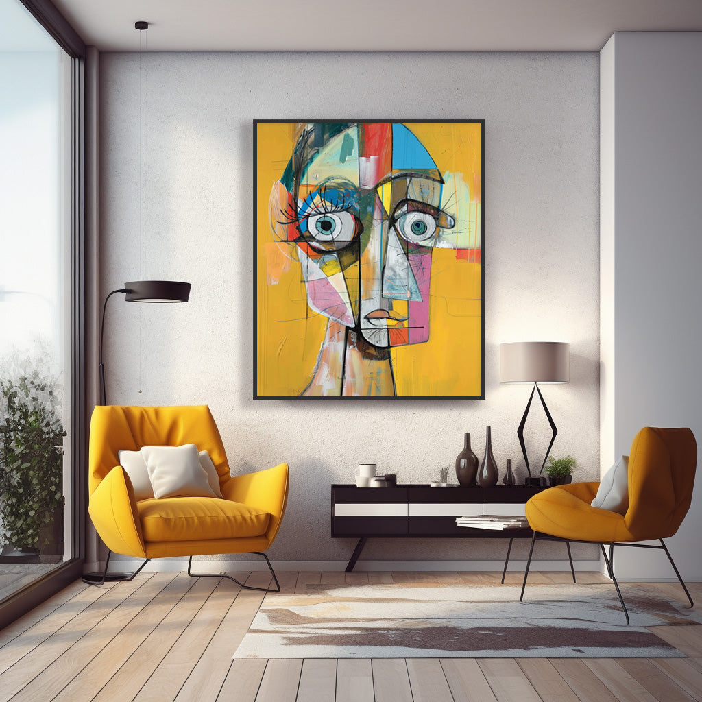 Original Bold Yellow Artwork Modern Facial Wall Art Expressive Abstract Faces Painting Home Decor