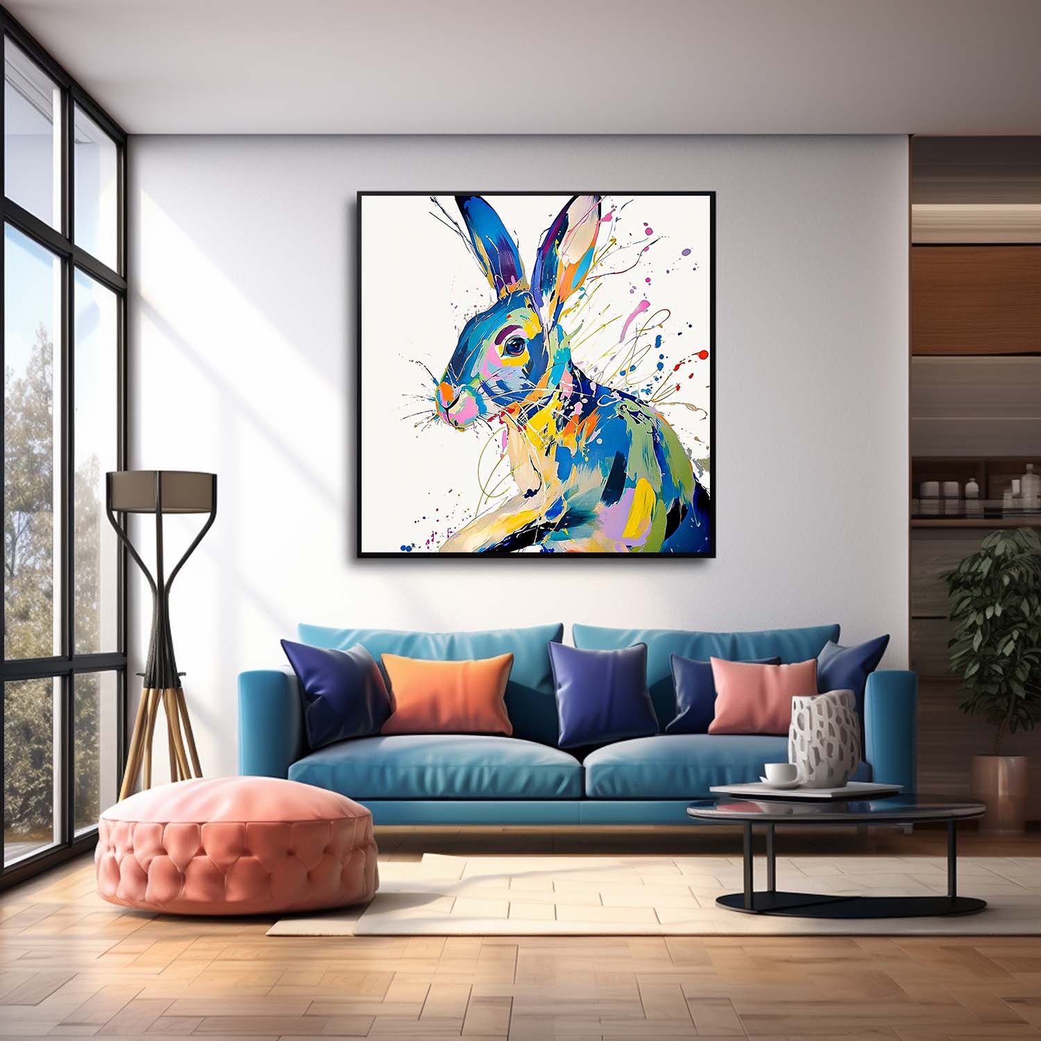 Original Lovely Rabbit Wall Art Square Bunny Oil Painting Canvas Large Colorful Animal Artwork Home Decor
