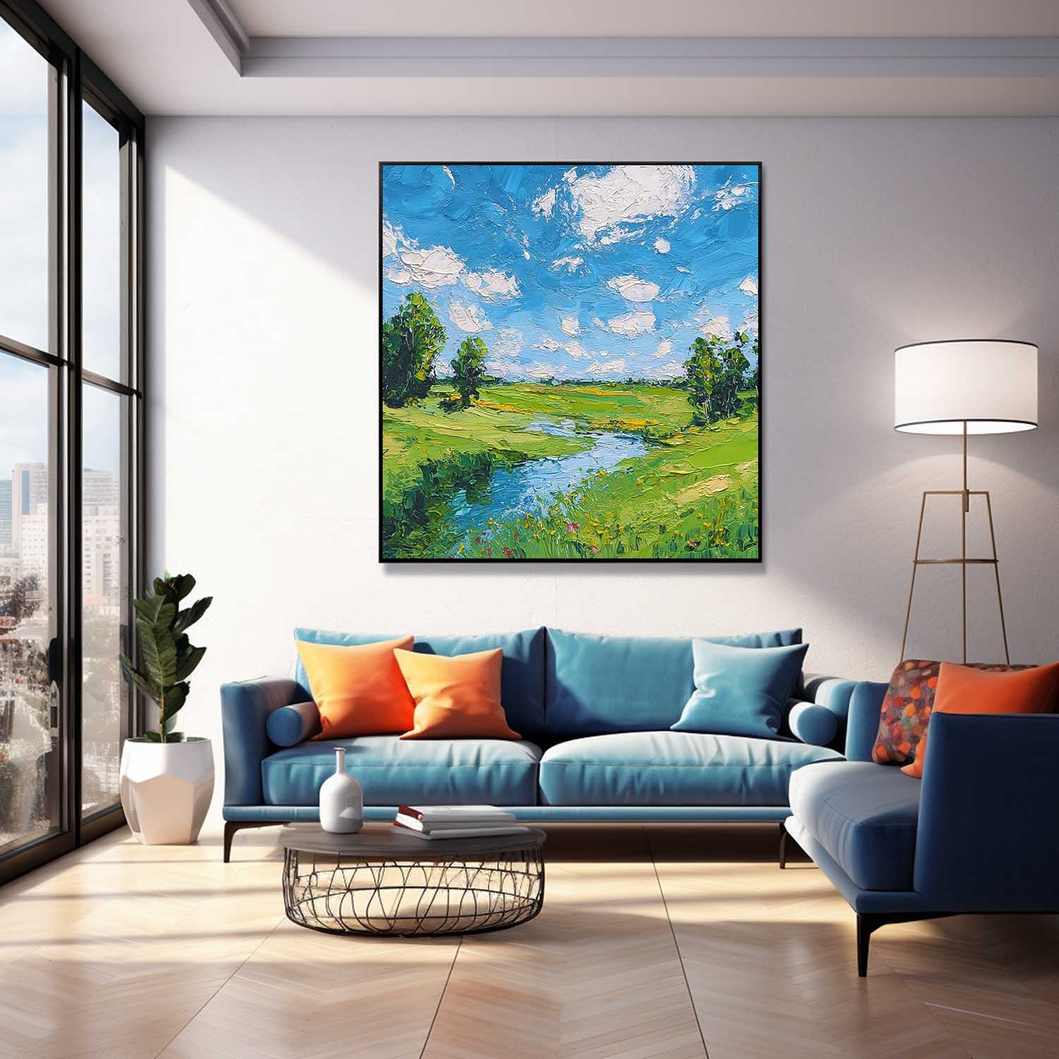 Large Texture Scenery Wall Art Framed Abstract Fields And Rvers Landscape Oil Painting Rural Warmth Artwork