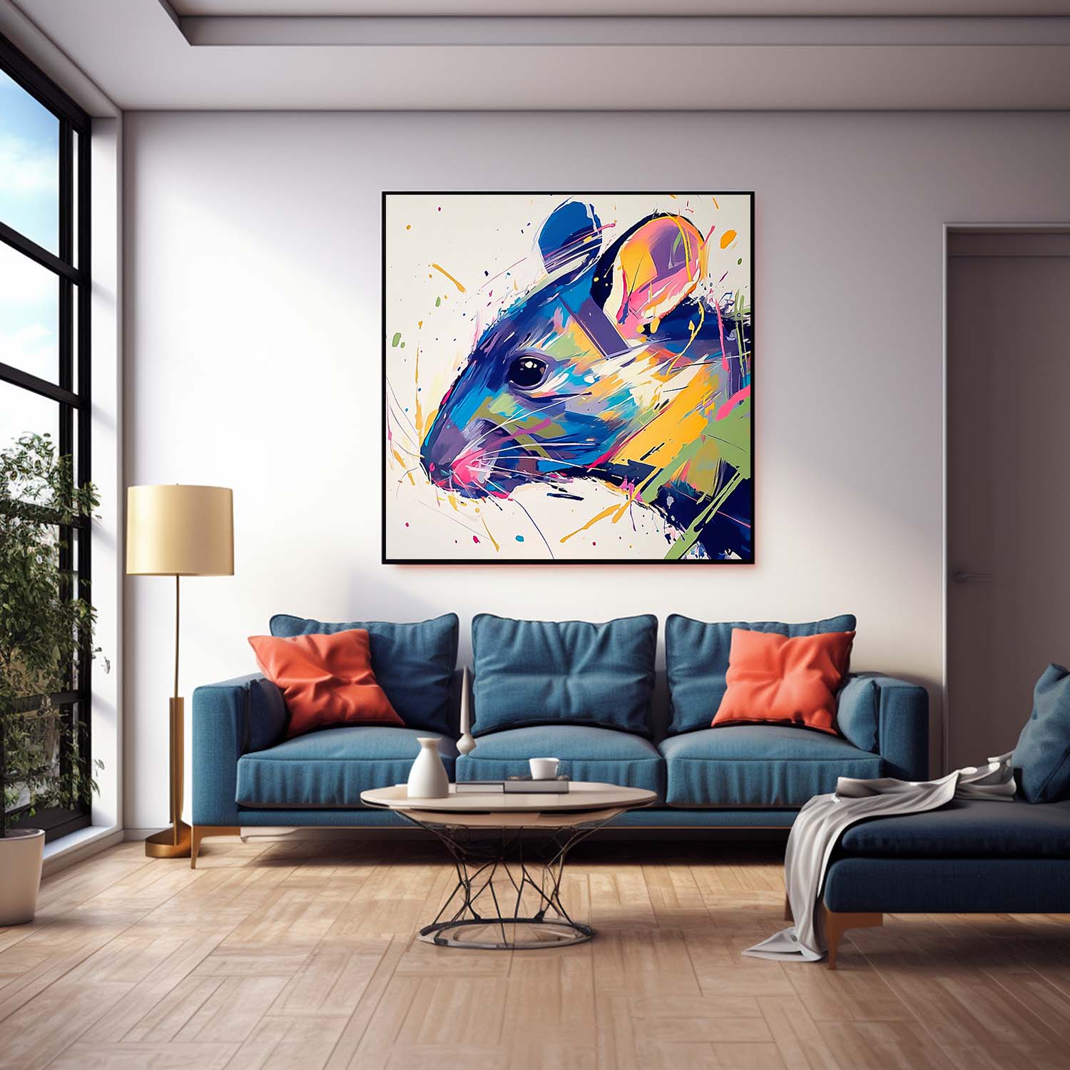 Square Mouse Oil Painting Canvas Large Colorful Animal Artwork Original Lovely Rat Wall Art Home Decor