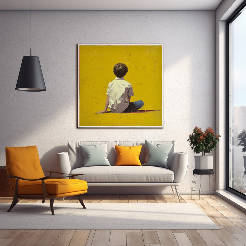Minimalist Boy View Of Back Painting Bright Yellow Wall Art Abstract Warm atmosphere Art For Living Room