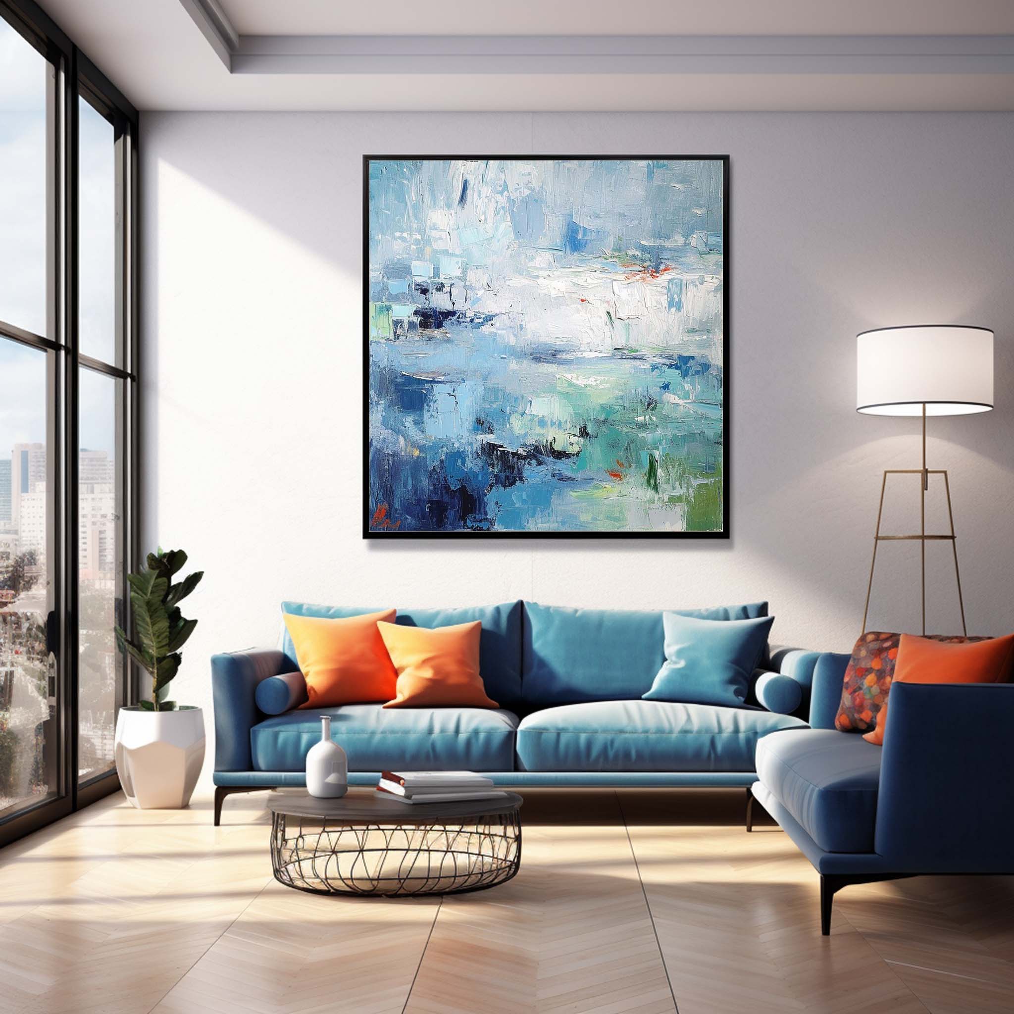 Bright Blue Large Acrylic Painting On Canvas Original Modern Wall Art Square Abstract Texture Oil Painting Home Decor