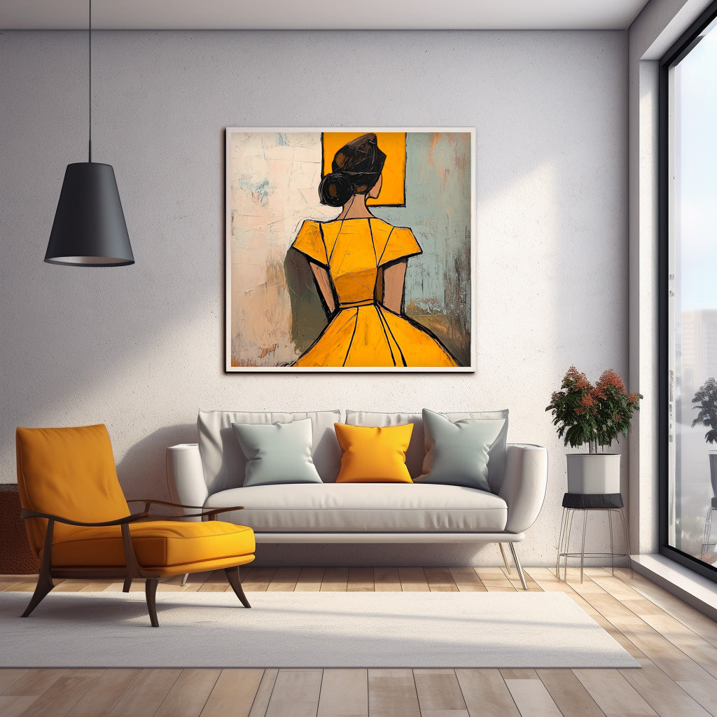 Square Large Girl Portrait Artwork Lady Abstract Wall Art Origina Yellow Dress Acrylic Painting Canvas
